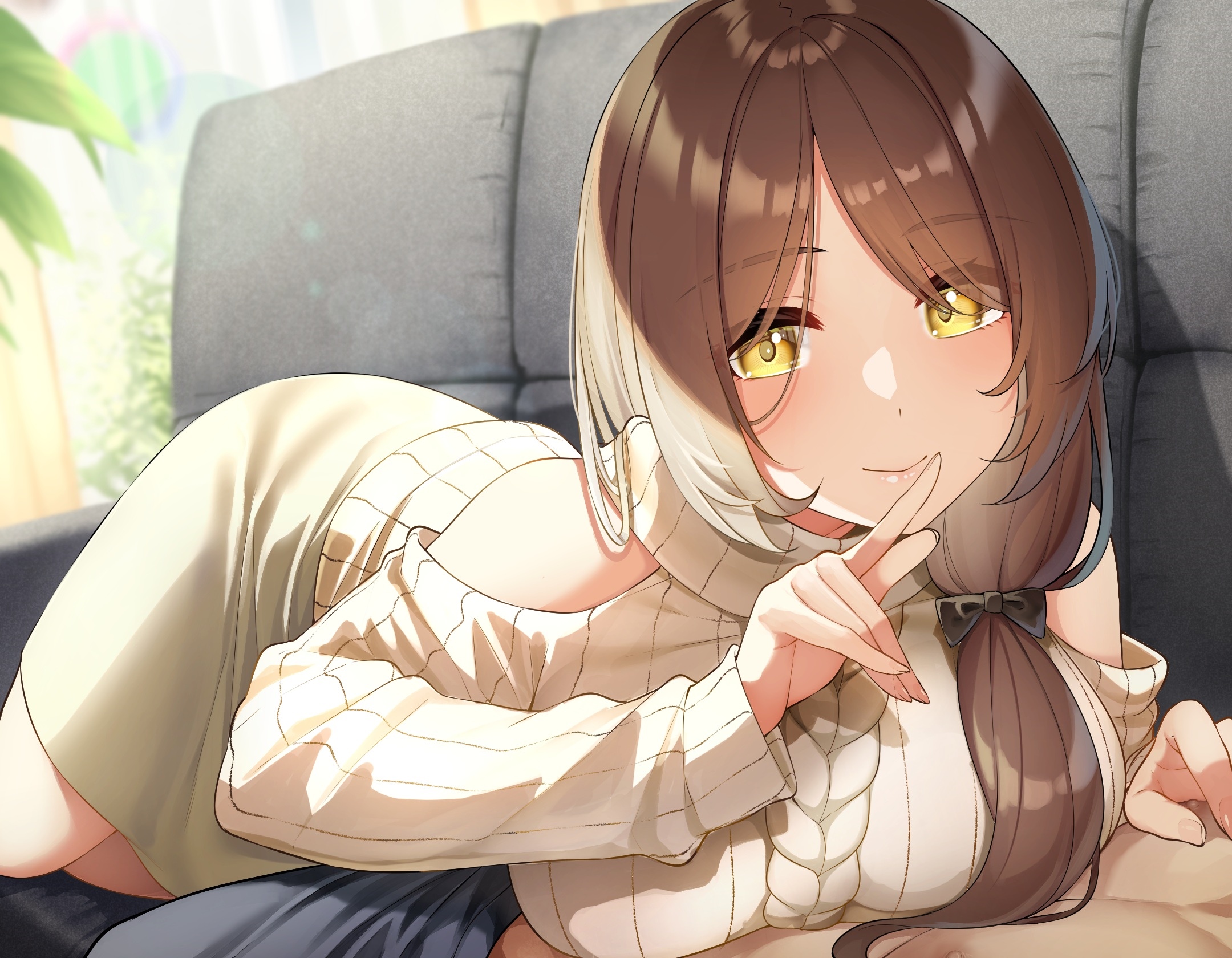 Anime girl with yellow eyes on a couch HD Wallpaper
