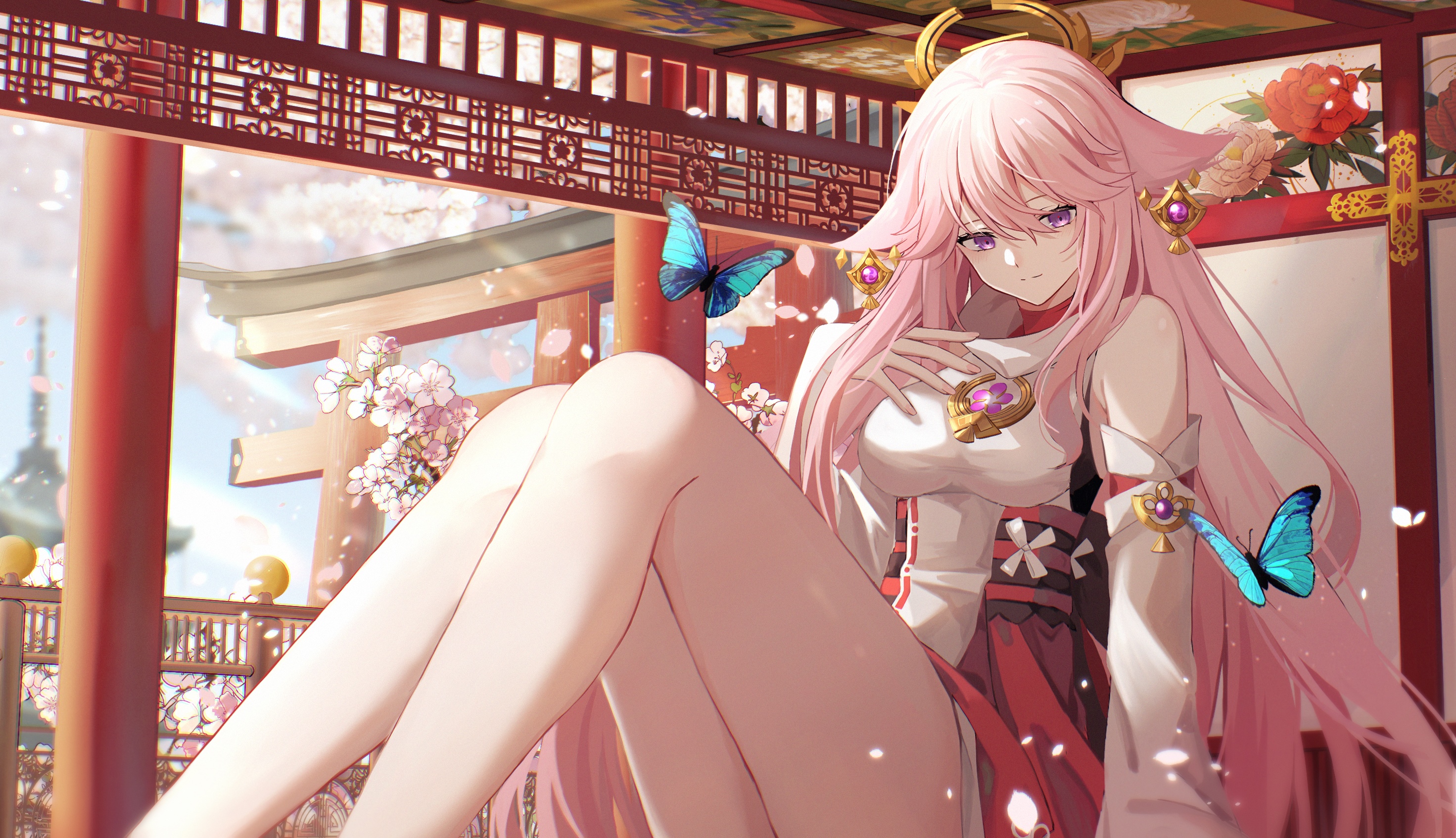 Yae Miko from Genshin Impact with butterflies HD Wallpaper