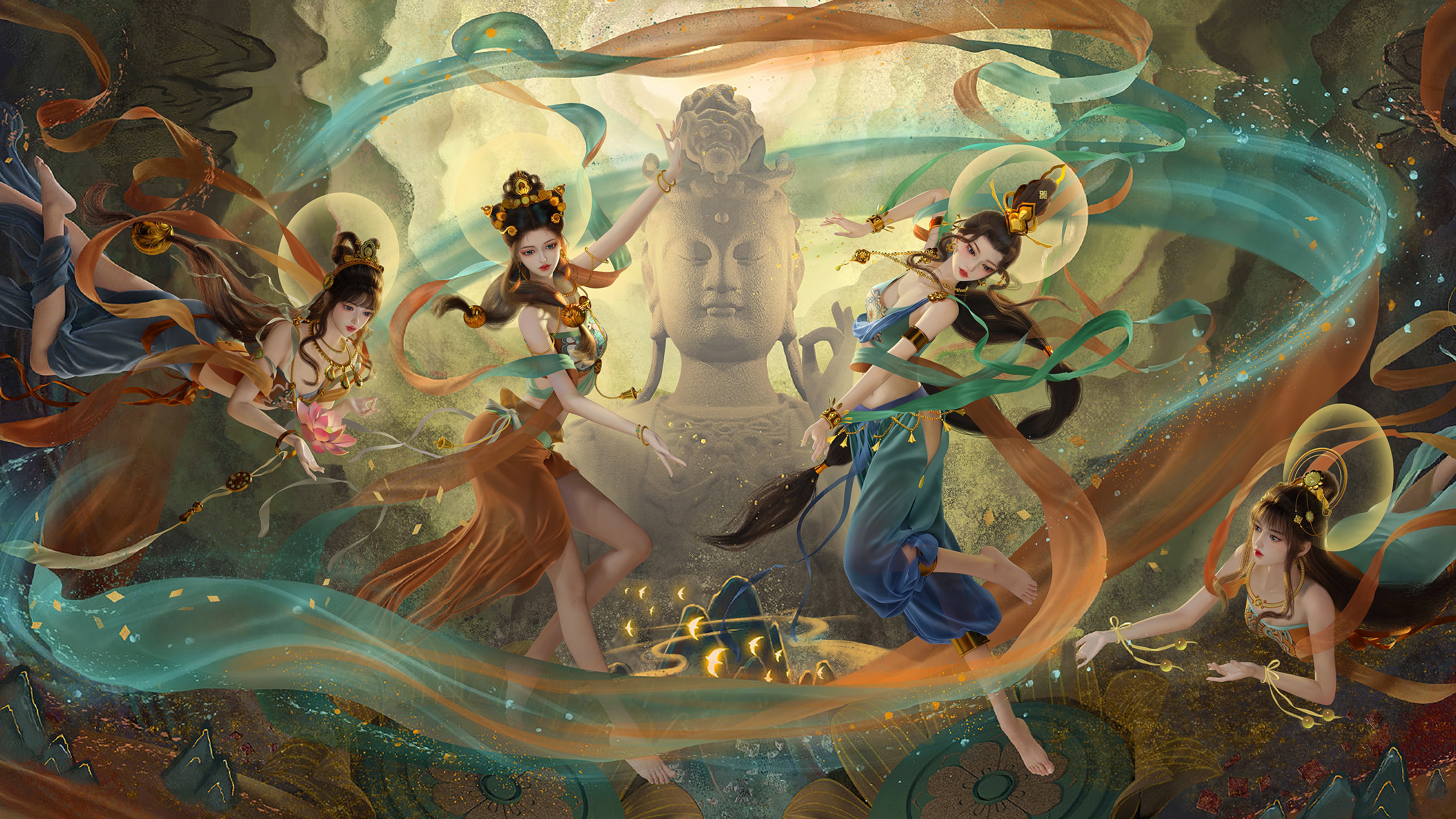 4K: Five Dancing Figures in Front of Buddha Statue HD Wallpaper