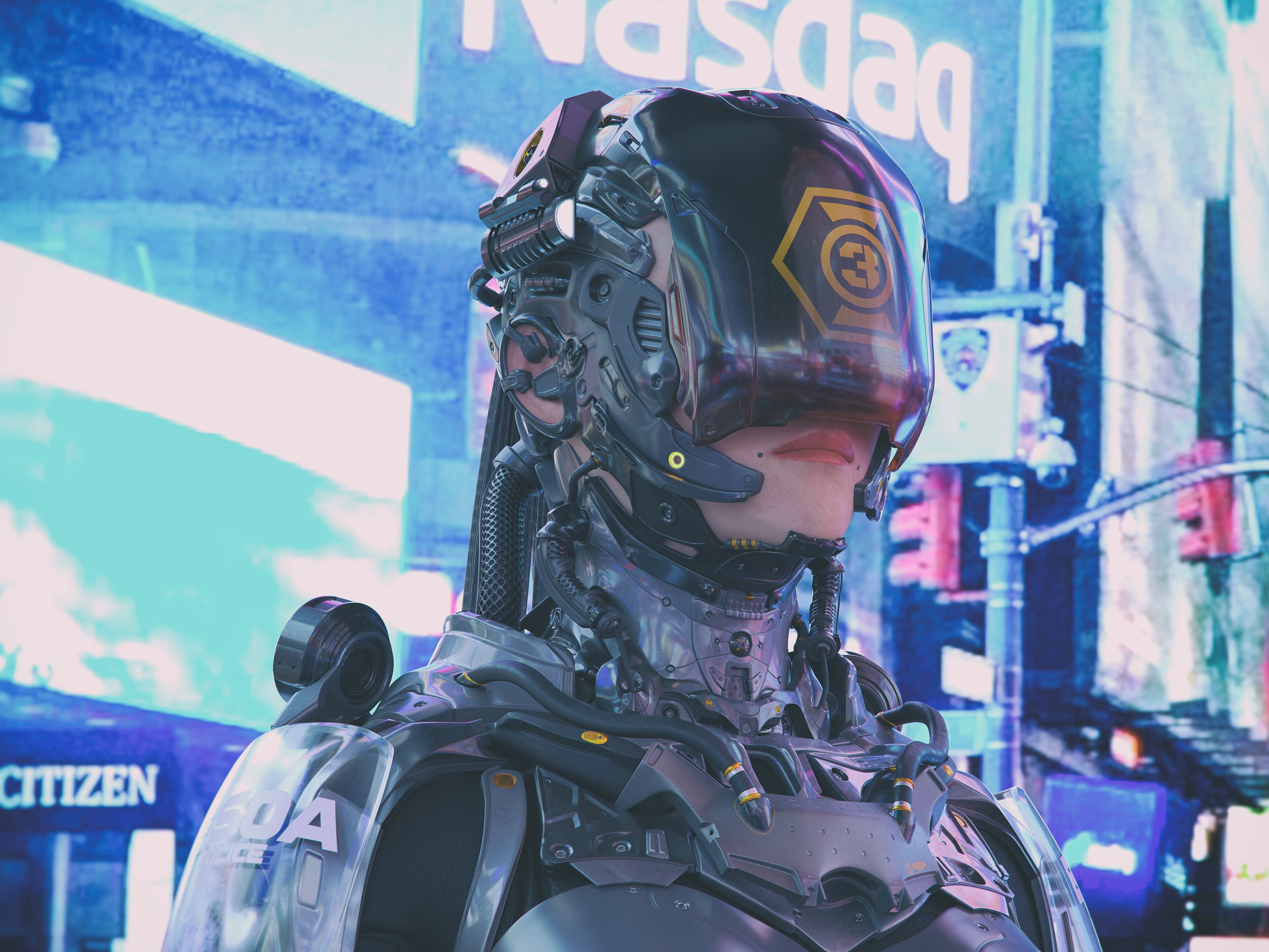 Cyberpunk robot with Nasdaq sign in background HD Wallpaper