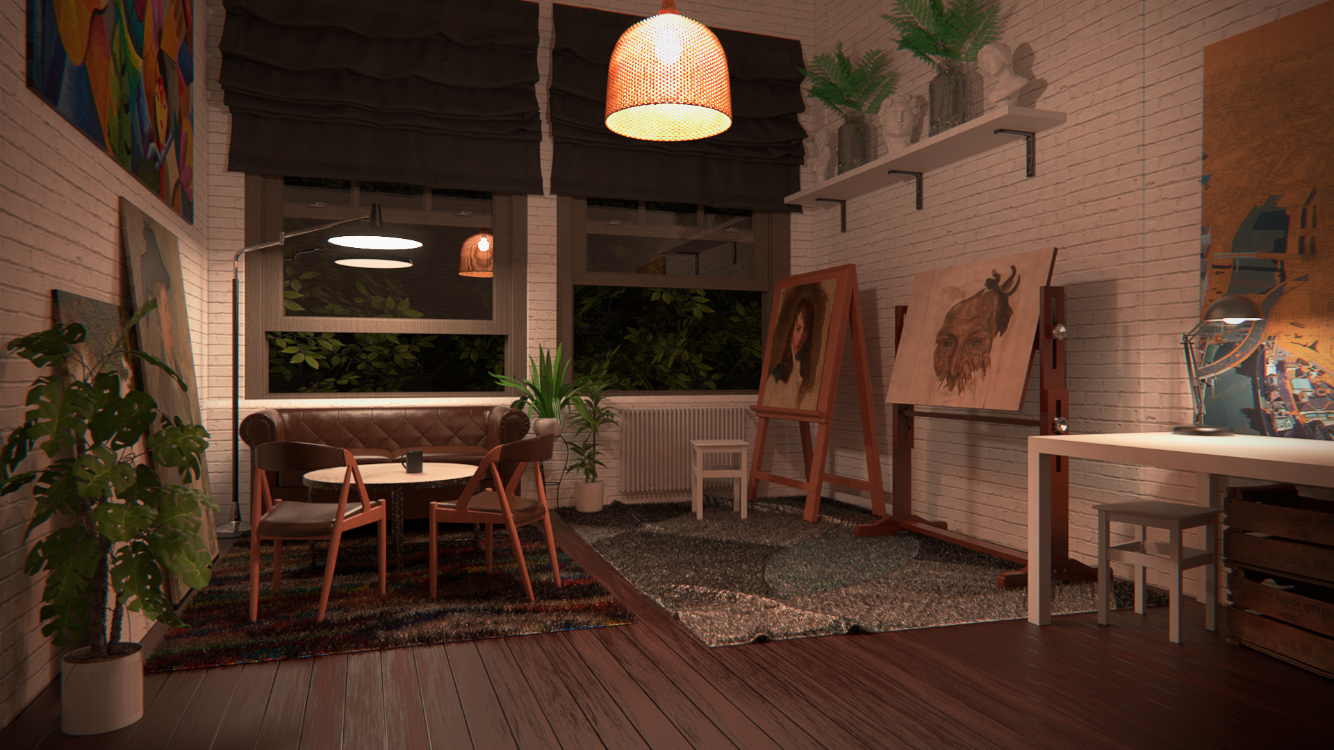 Artist's studio with paintings and furniture at night HD Wallpaper