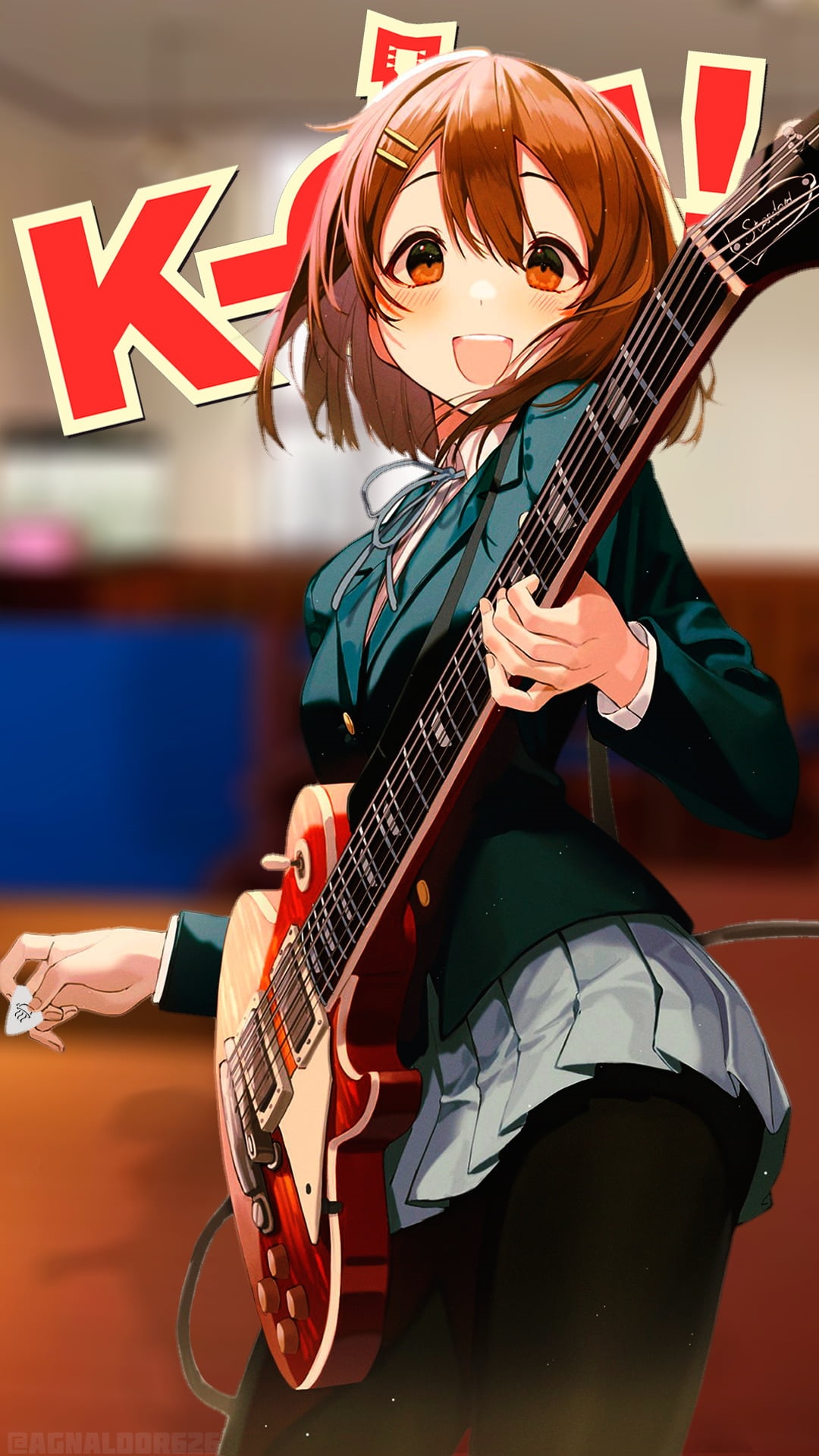Yui Hirasawa playing guitar with K-ON! text HD Phone Wallpaper