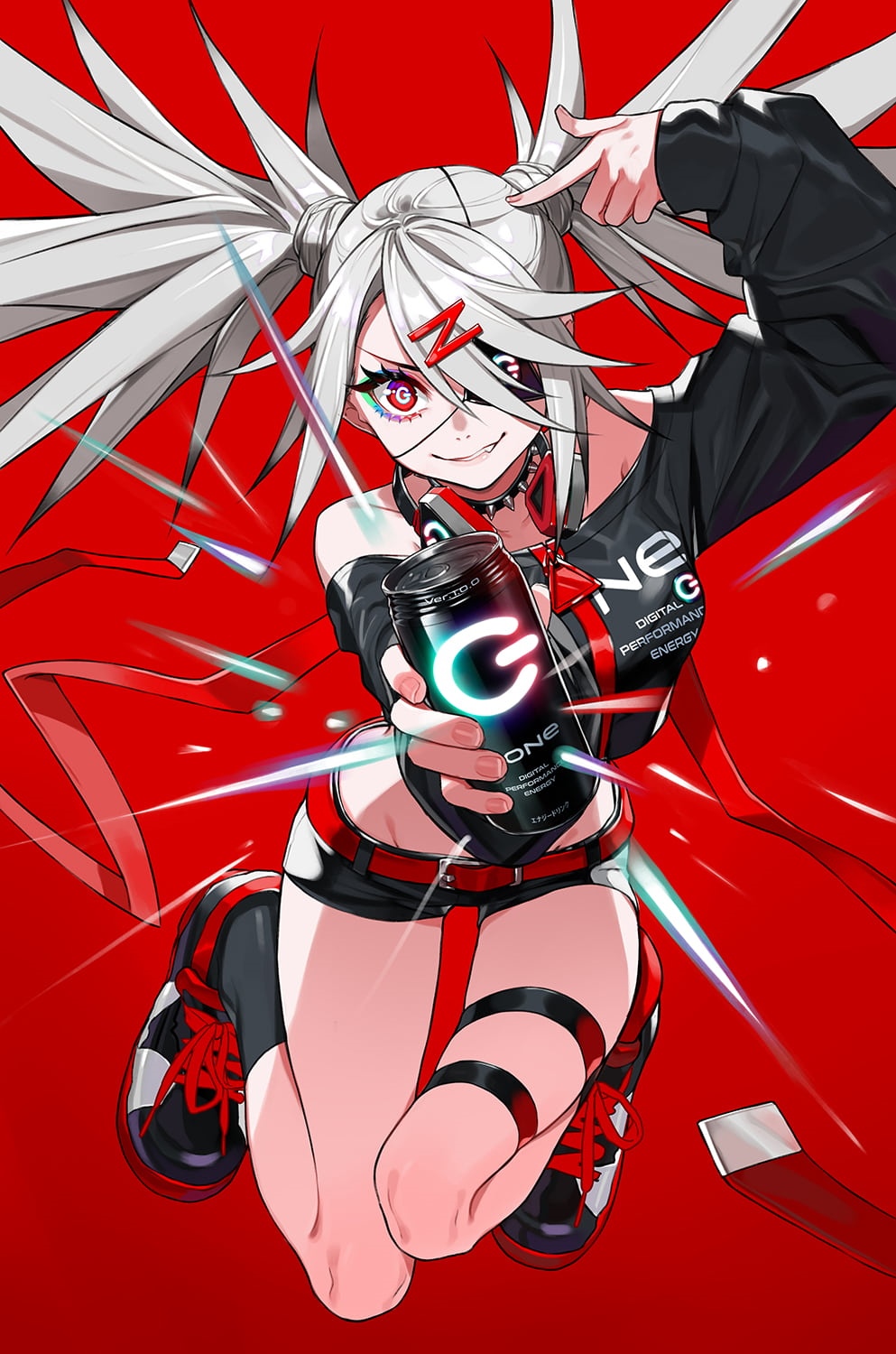Anime girl with white pigtails holding a can HD Phone Wallpaper