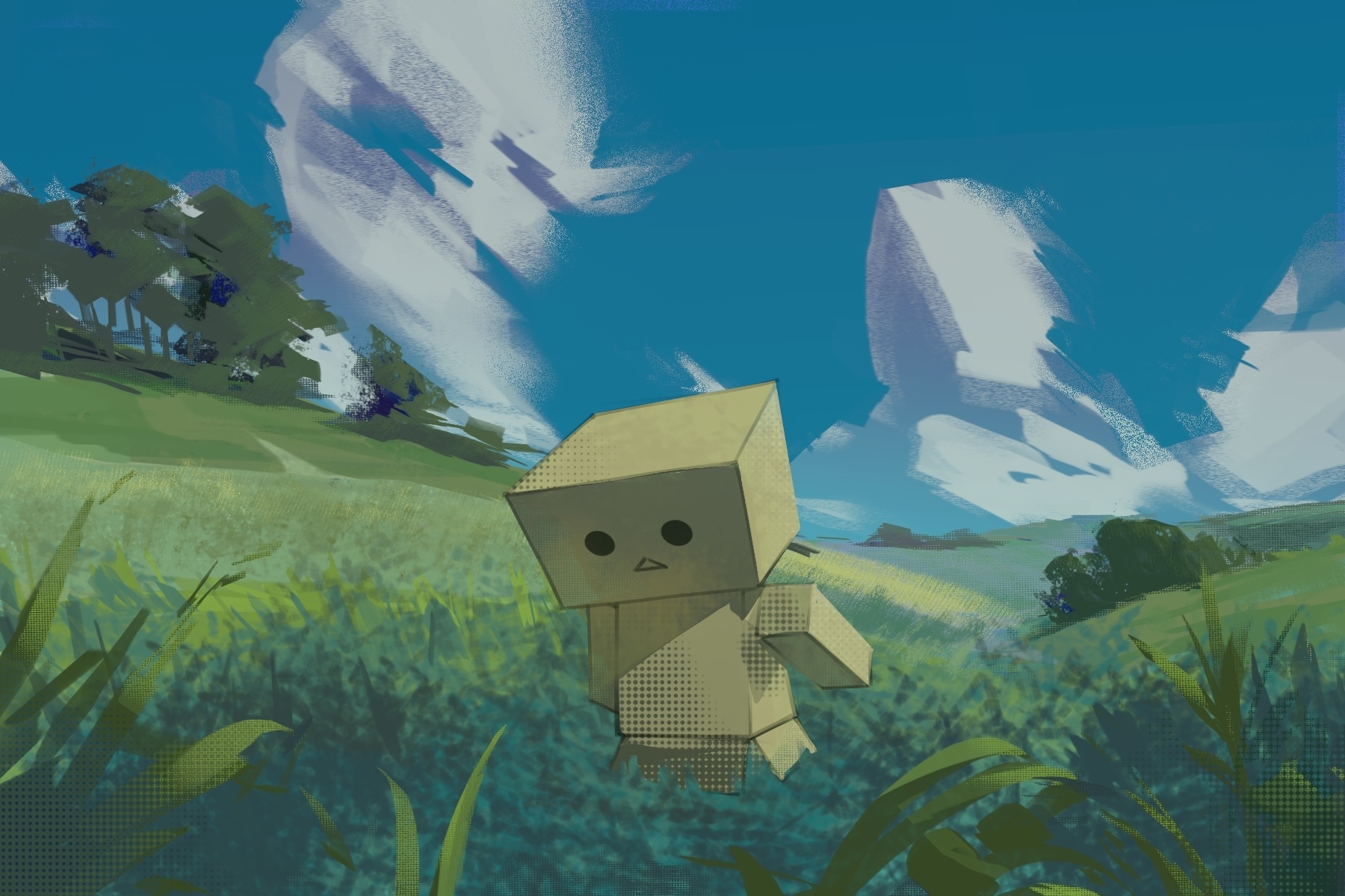 Yotsubato Danbo character in a grassy field HD Wallpaper