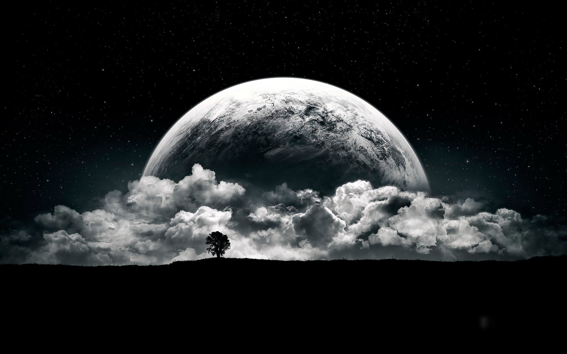 Moon rising over clouds with a lone tree HD Wallpaper