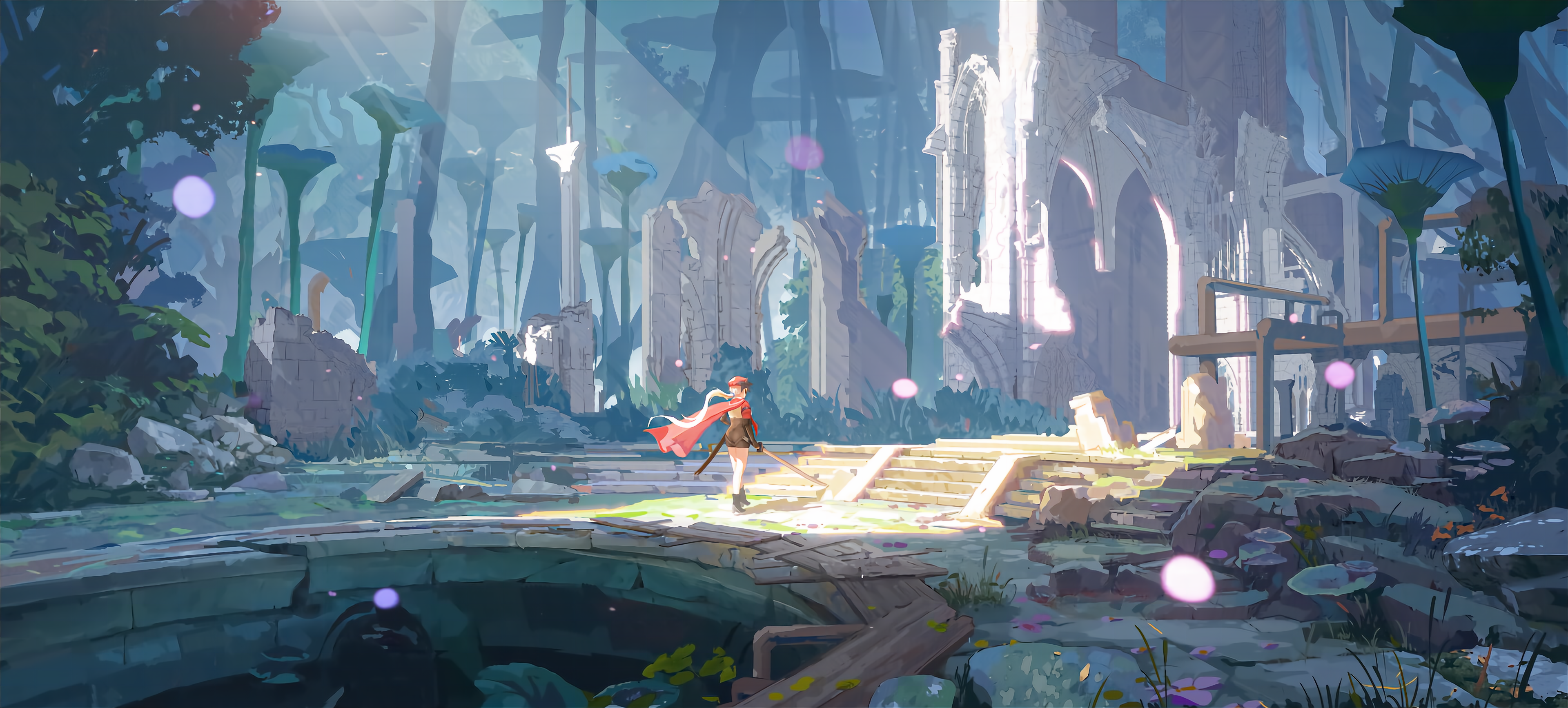 4K concept art of a knight in an abandoned forest city HD Wallpaper