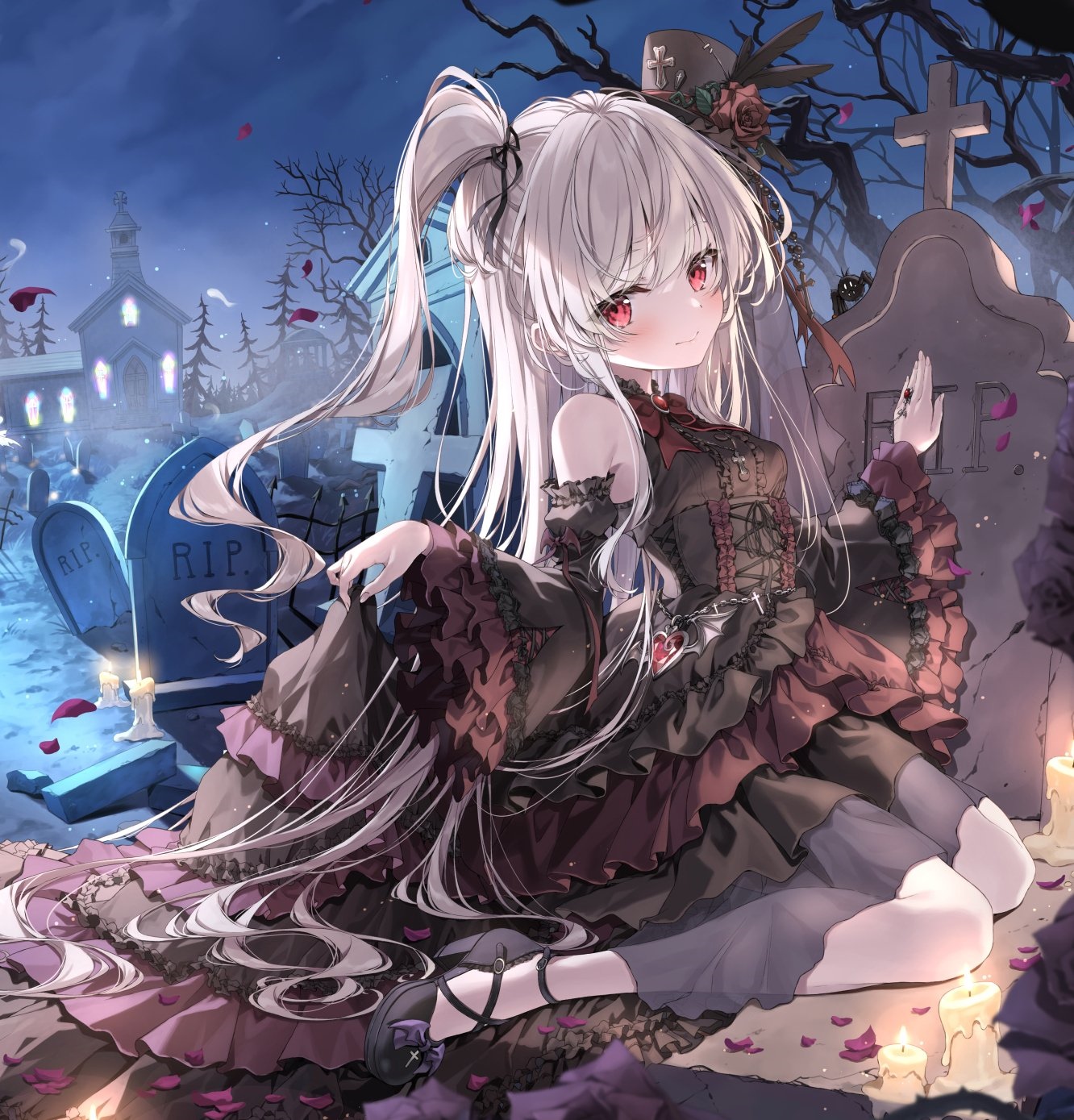 Gothic loli with red eyes in a graveyard HD Wallpaper