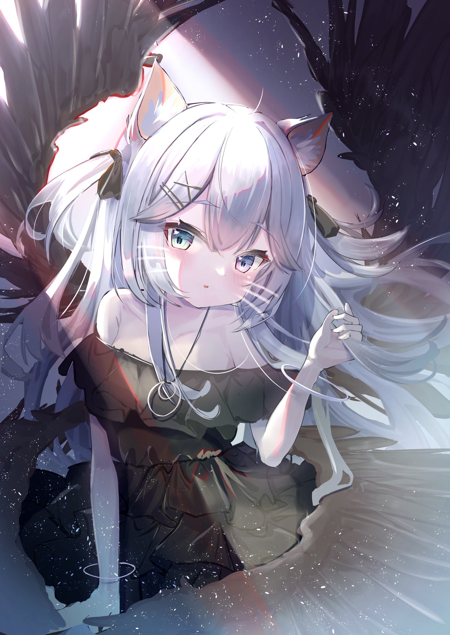 Anime girl with white hair and black wings HD Phone Wallpaper