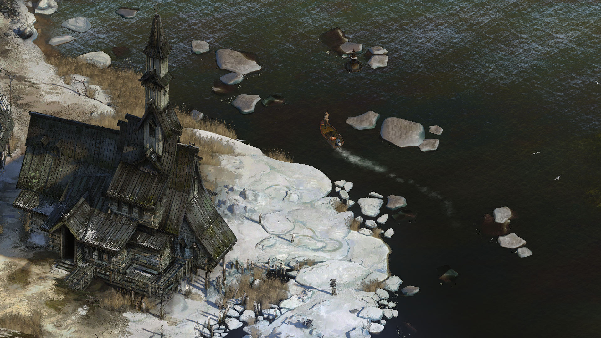 Disco Elysium: A boat travels on a dark river near a wooden church. HD Wallpaper