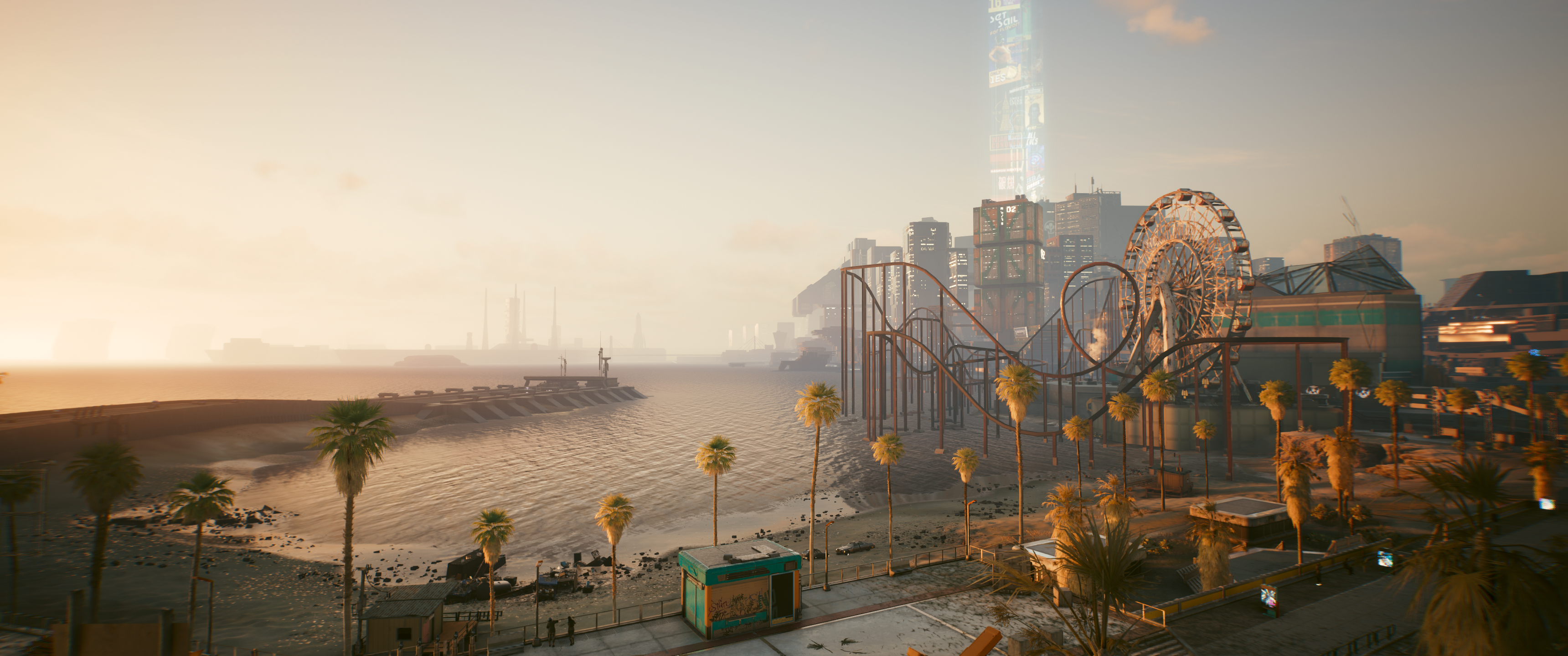 Cyberpunk 2077 beach with amusement park and city skyline HD Wallpaper