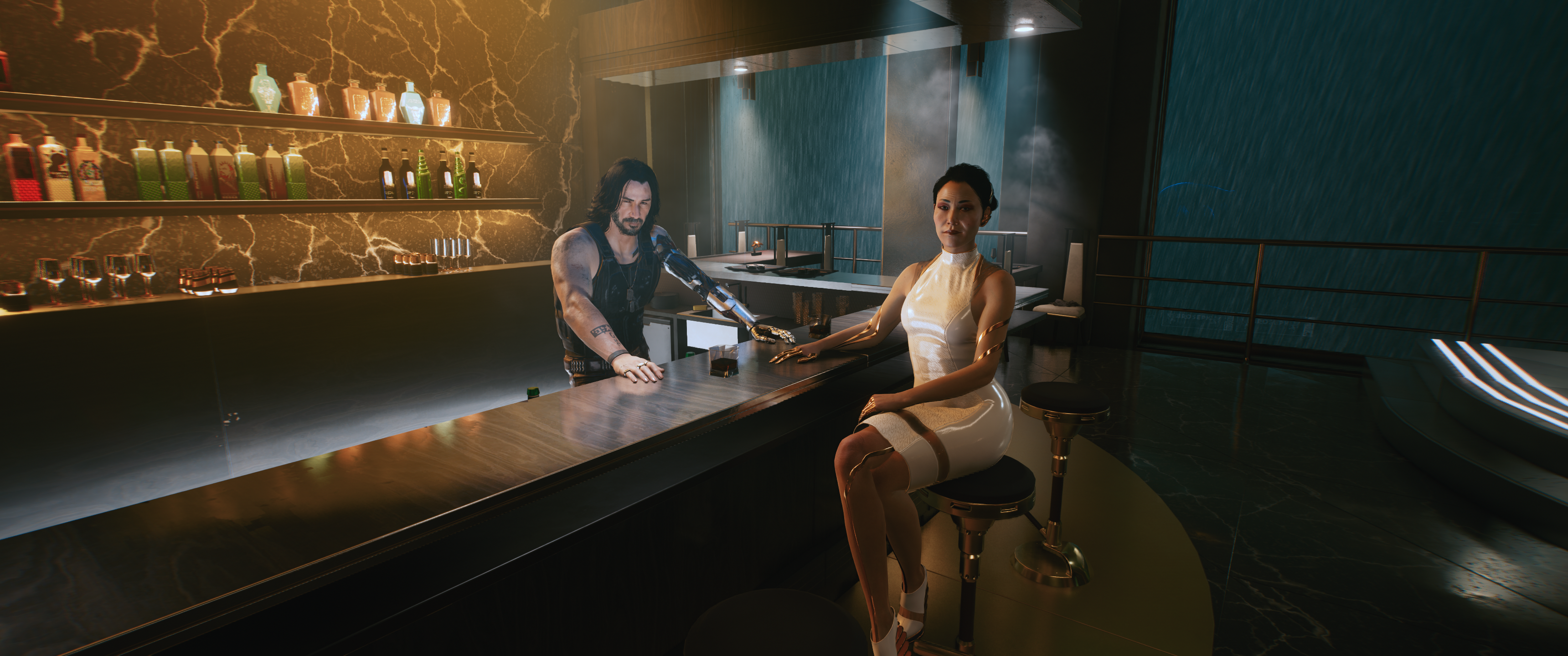 Cyberpunk 2077 bar scene with two characters HD Wallpaper