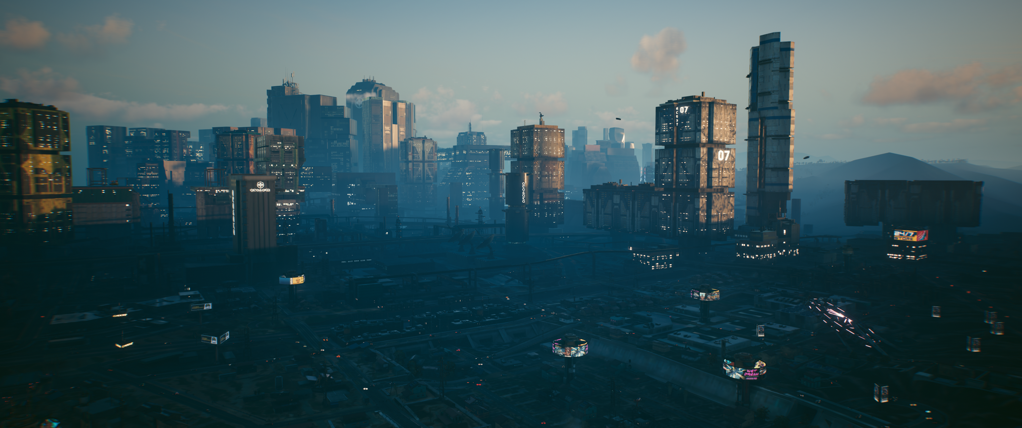Cyberpunk 2077 cityscape at dusk HD Wallpaper