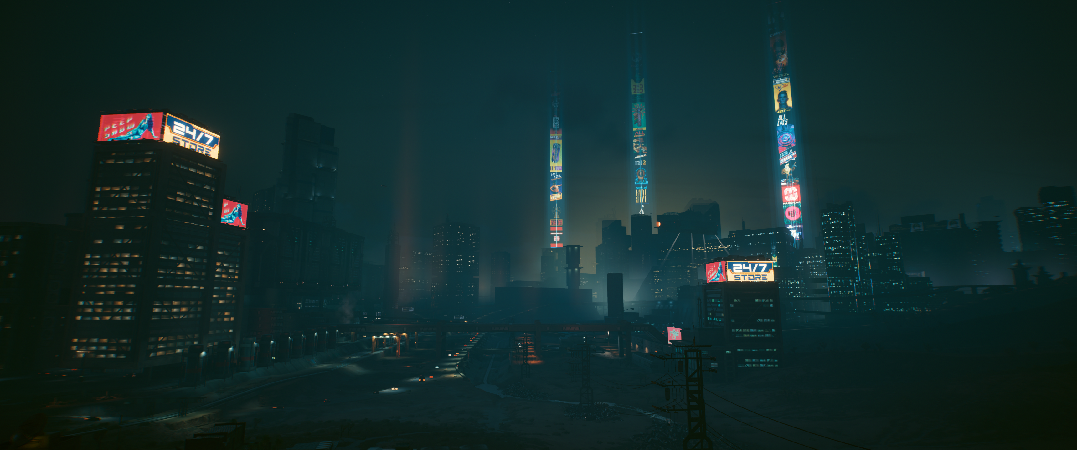 Cyberpunk 2077 Night City skyline with tall buildings and signs HD Wallpaper