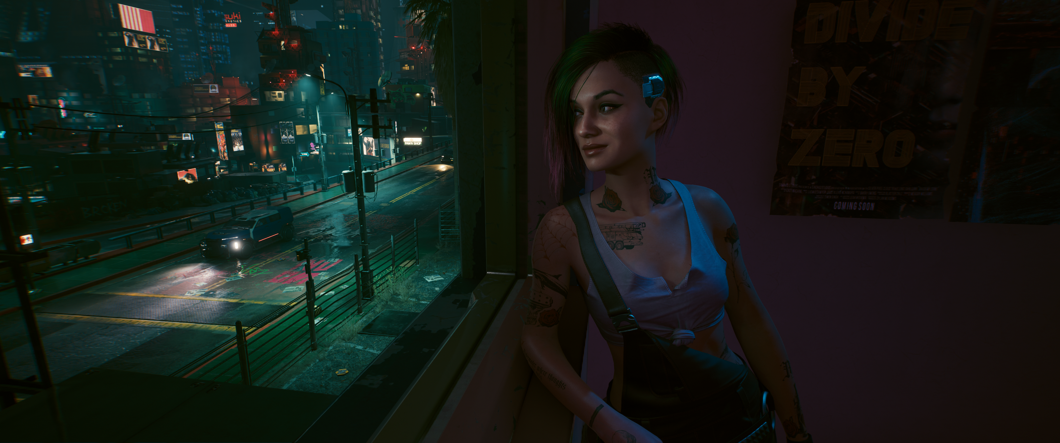 Judy Alvarez in Cyberpunk 2077 overlooking a city street HD Wallpaper