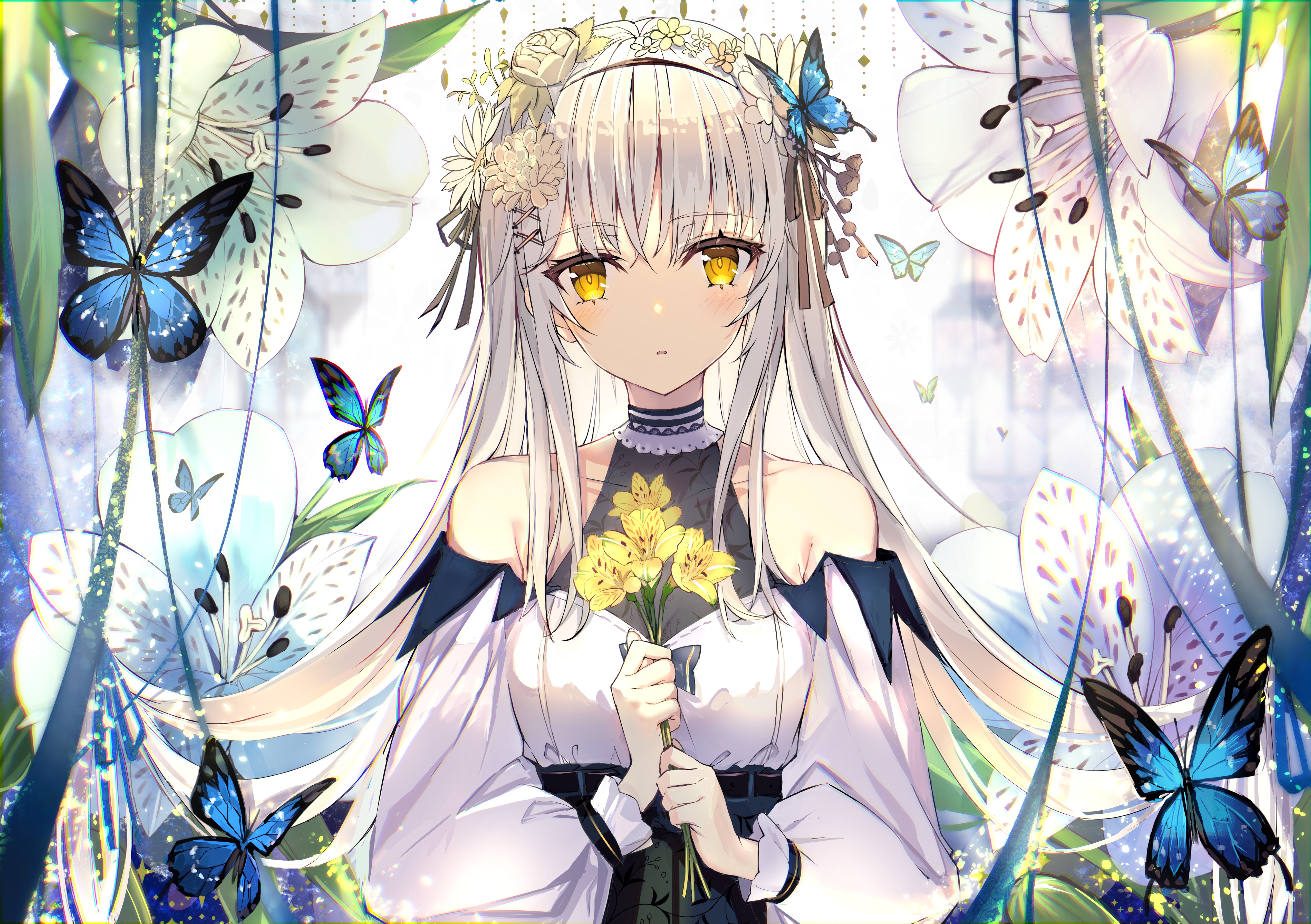 4K Anime Girl with White Hair, Yellow Eyes, and Butterflies HD Wallpaper