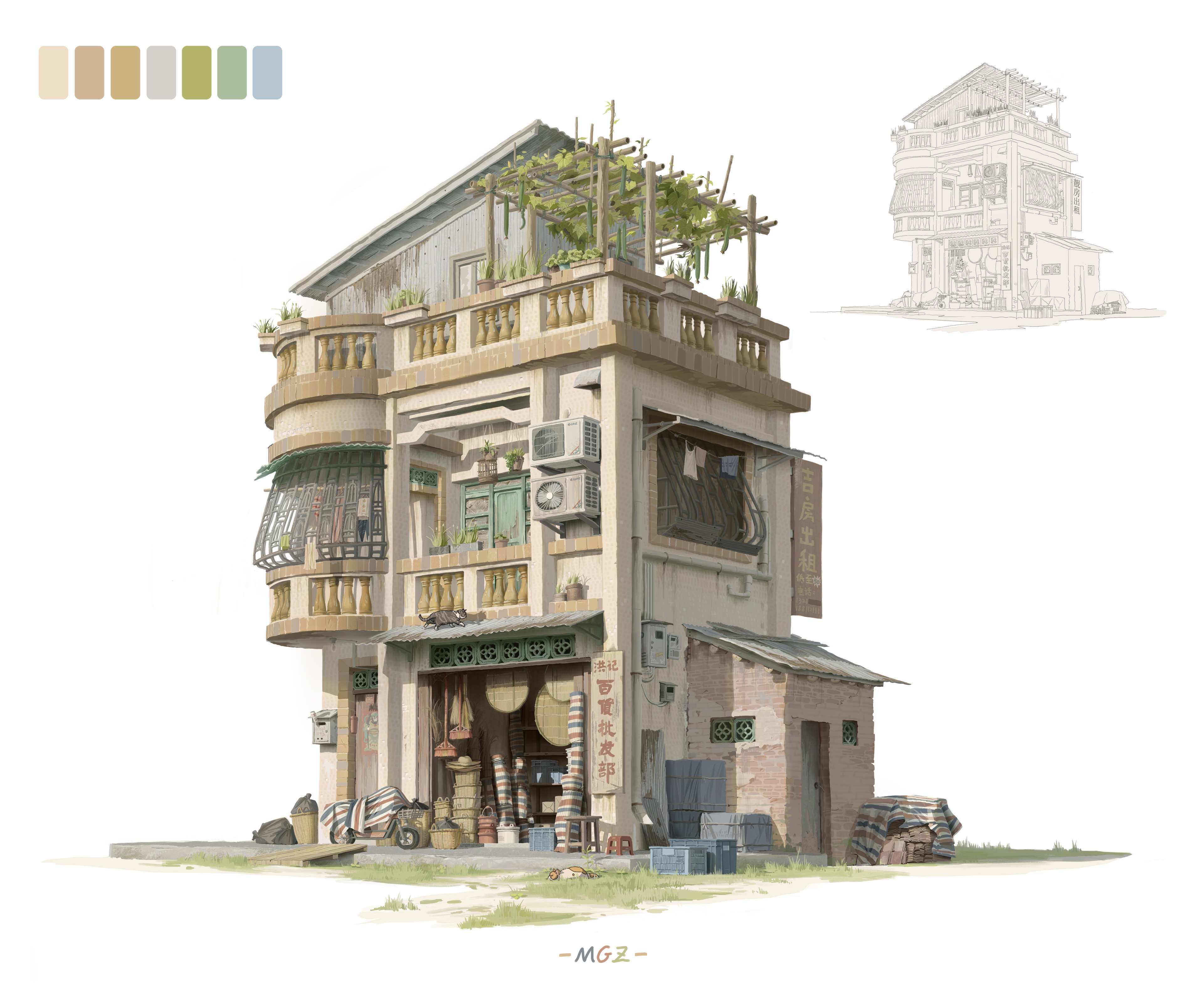 4K artwork of a traditional building with a shop HD Wallpaper