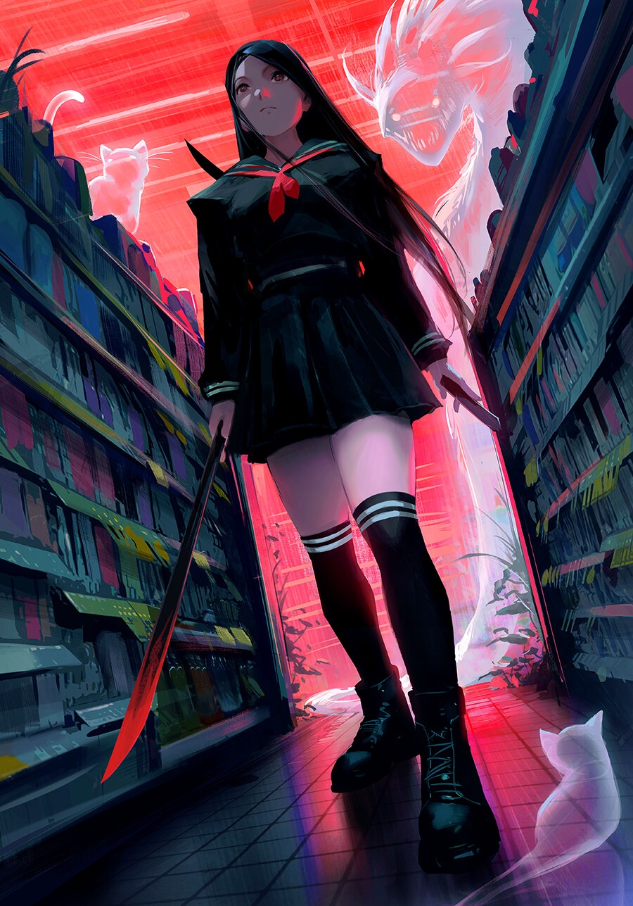 Girl in school uniform with sword and dragon HD Phone Wallpaper