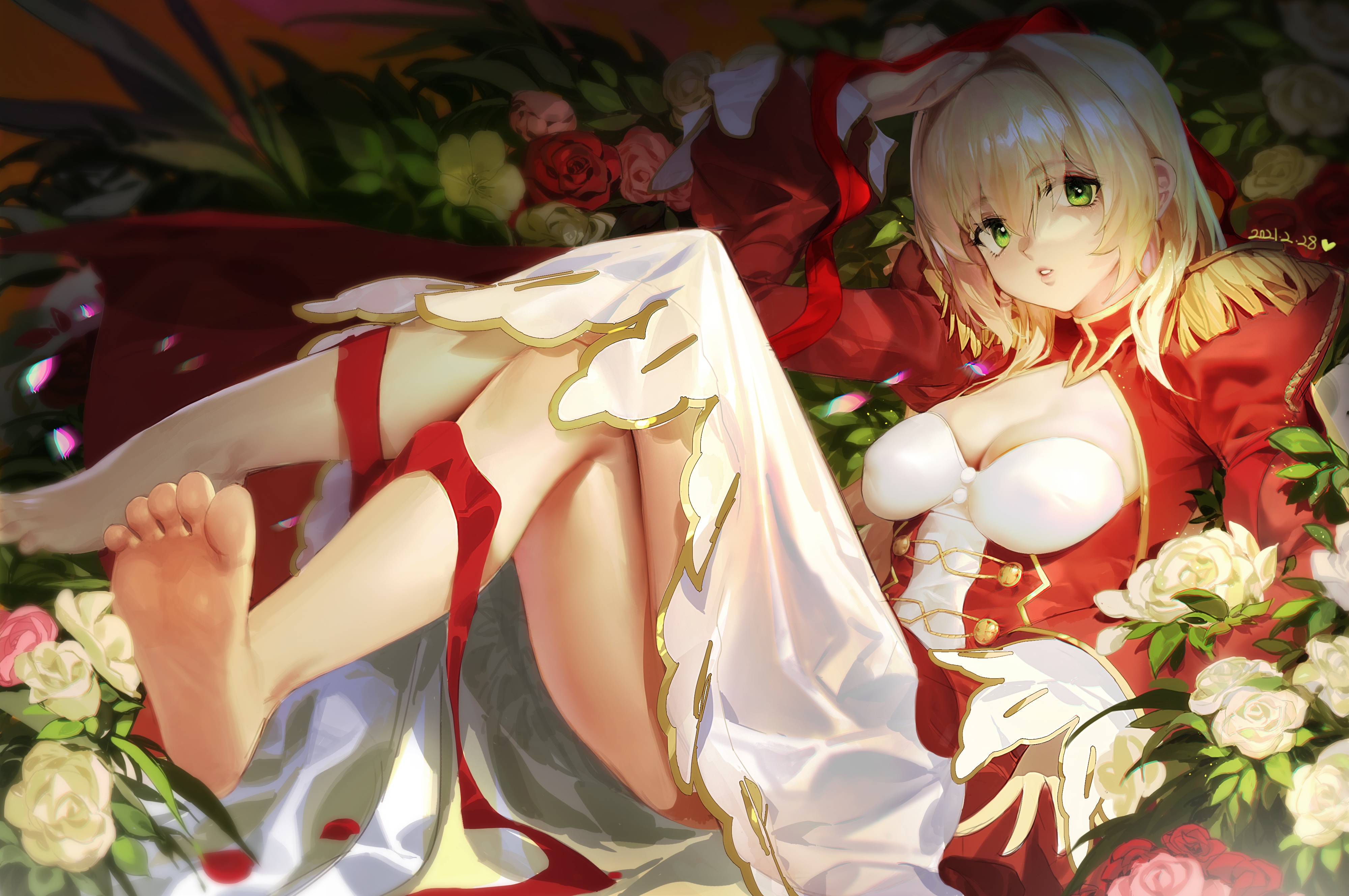 Nero Claudius from Fate/Grand Order surrounded by flowers HD Wallpaper