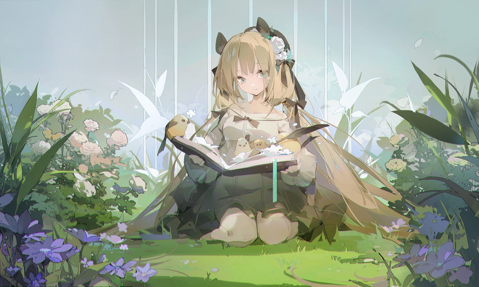 Anime girl with blonde hair reading a book with birds HD Wallpaper