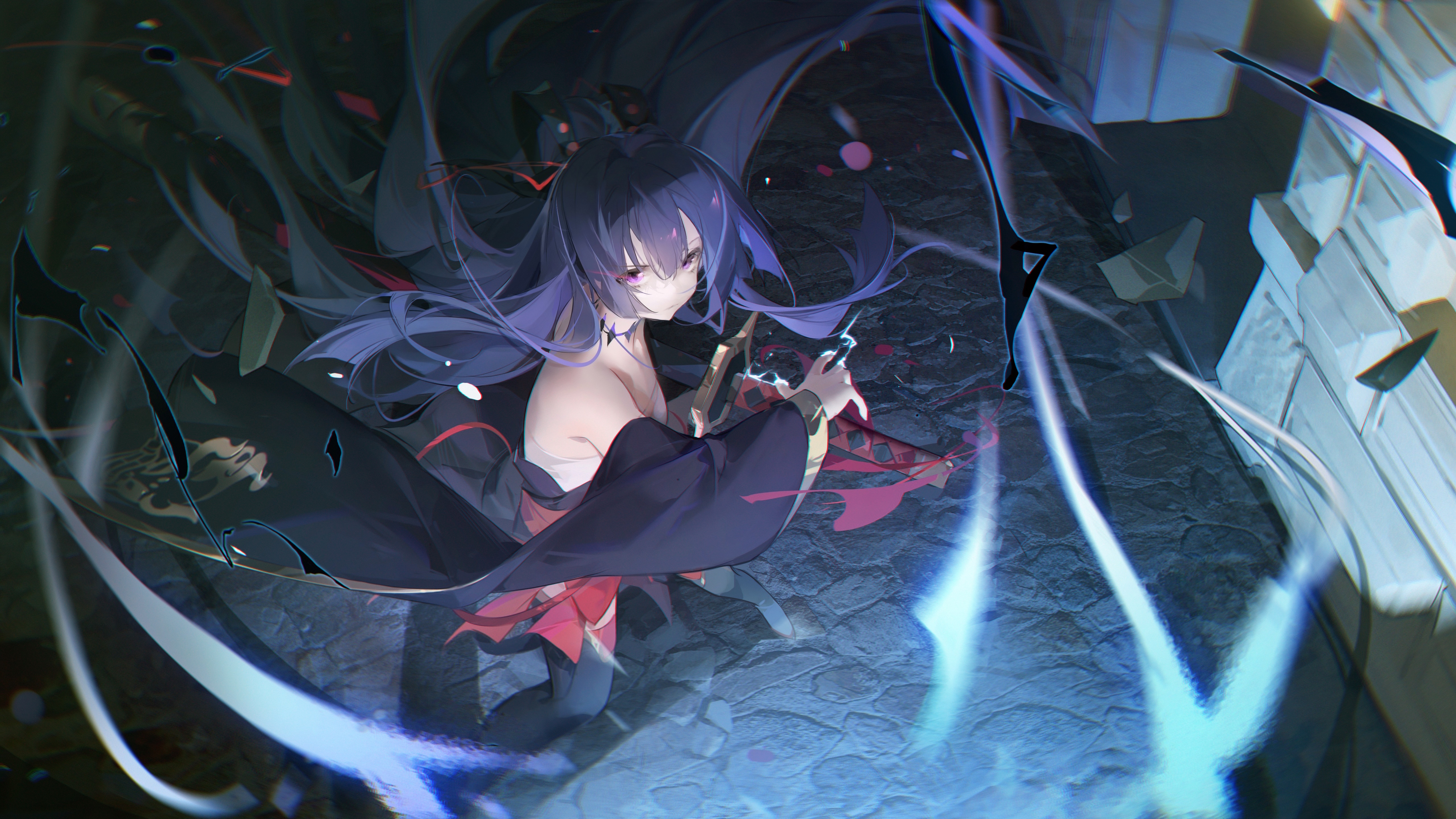 4K artwork of a girl with purple hair and sword HD Wallpaper
