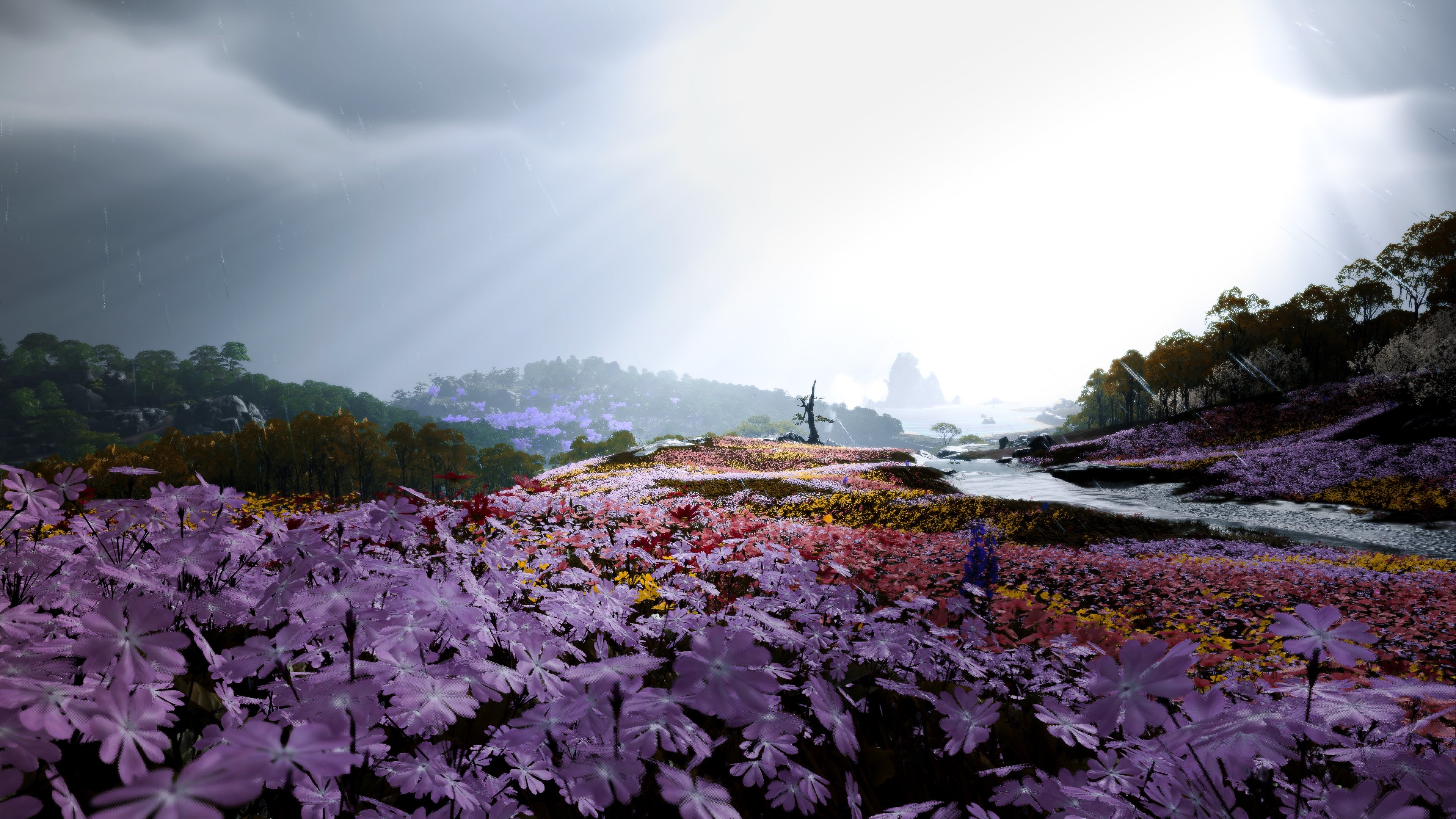 4K PlayStation landscape with purple flowers HD Wallpaper