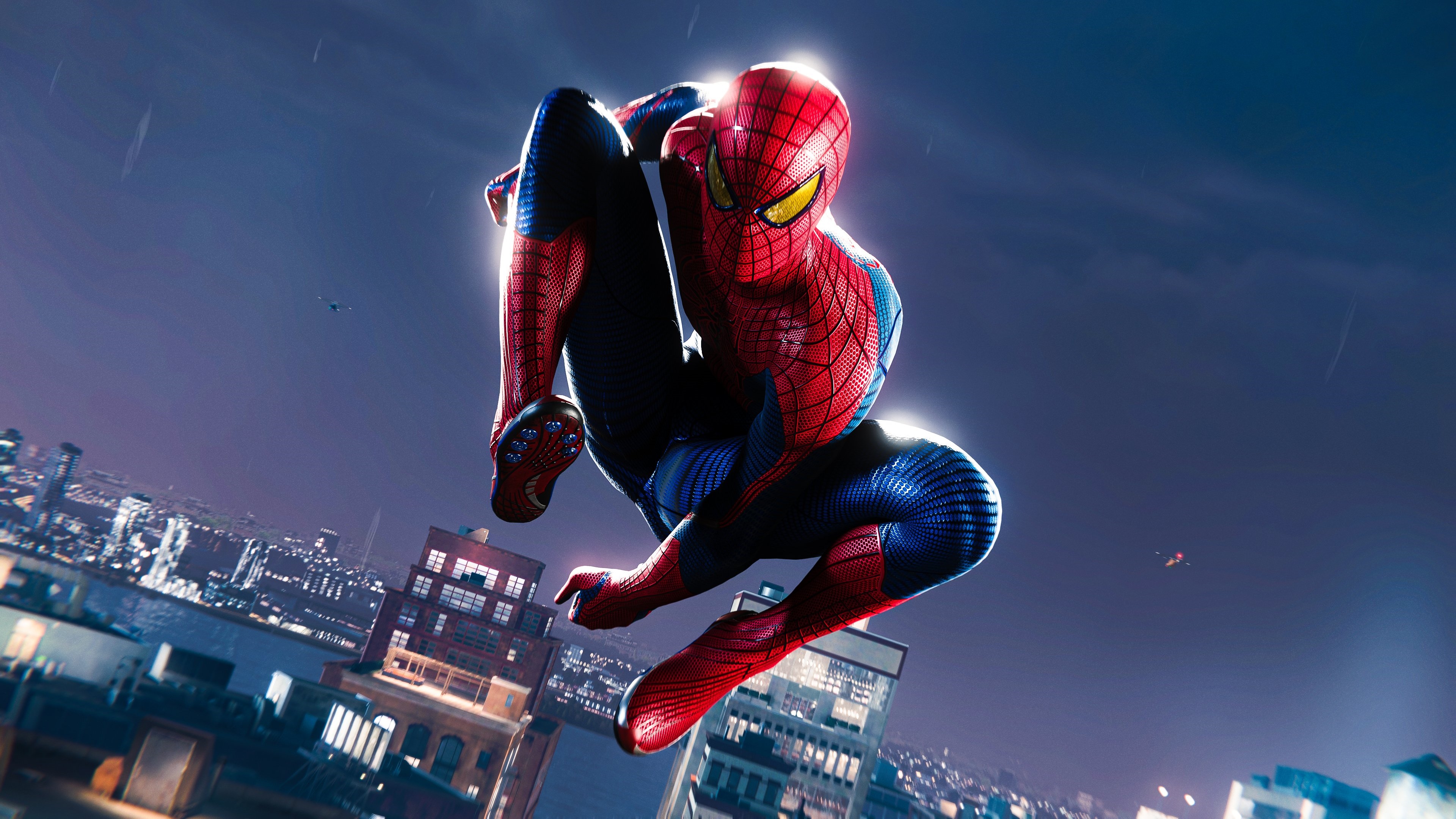 4K Spider-Man in a dynamic pose over a city HD Wallpaper