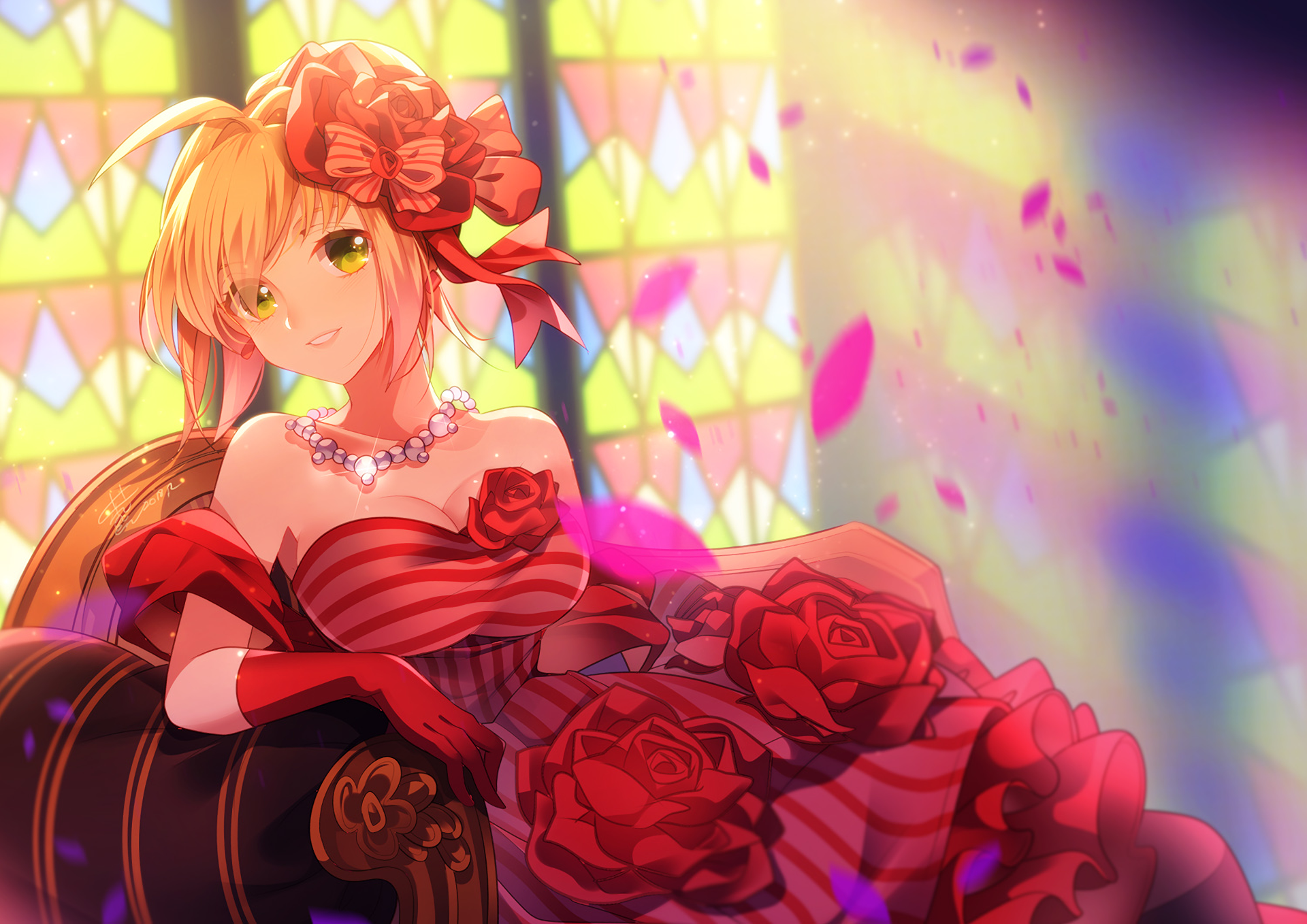 Nero Claudius in a red dress with roses HD Wallpaper
