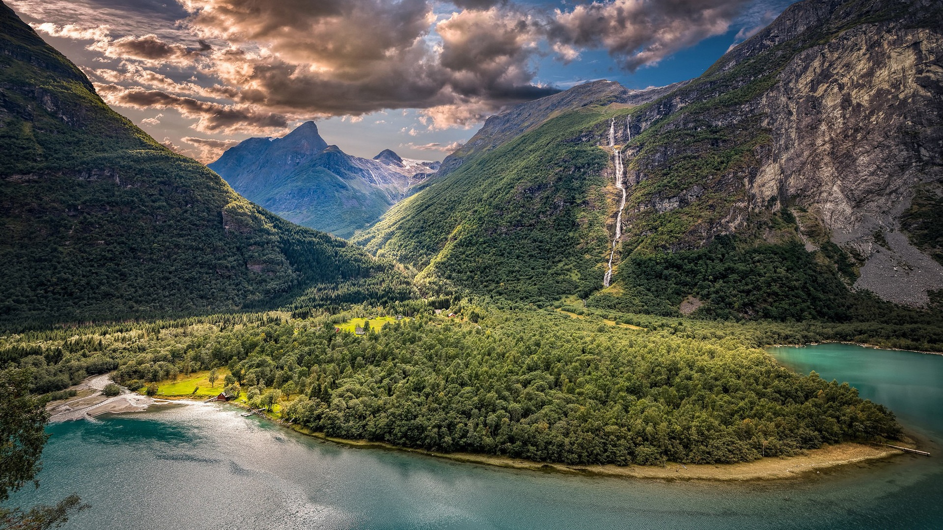 Valley with waterfalls and mountains HD Wallpaper
