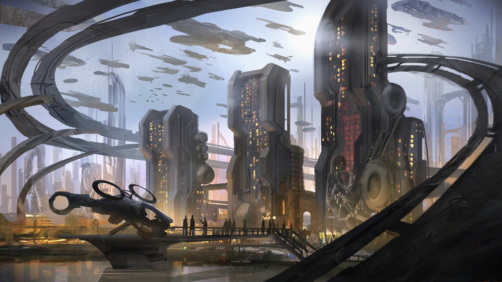 Futuristic city with flying vehicles and tall buildings HD Wallpaper