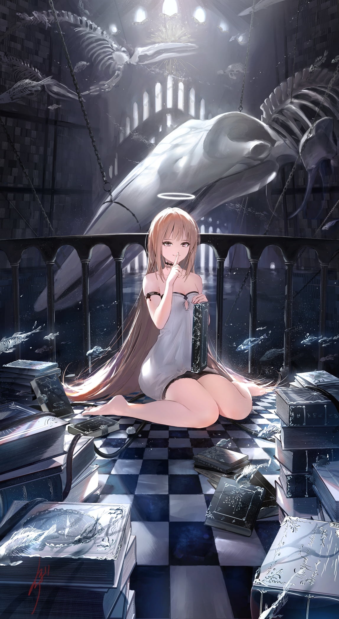 Hoojiro Original Character in a Library with Skeletons HD Phone Wallpaper