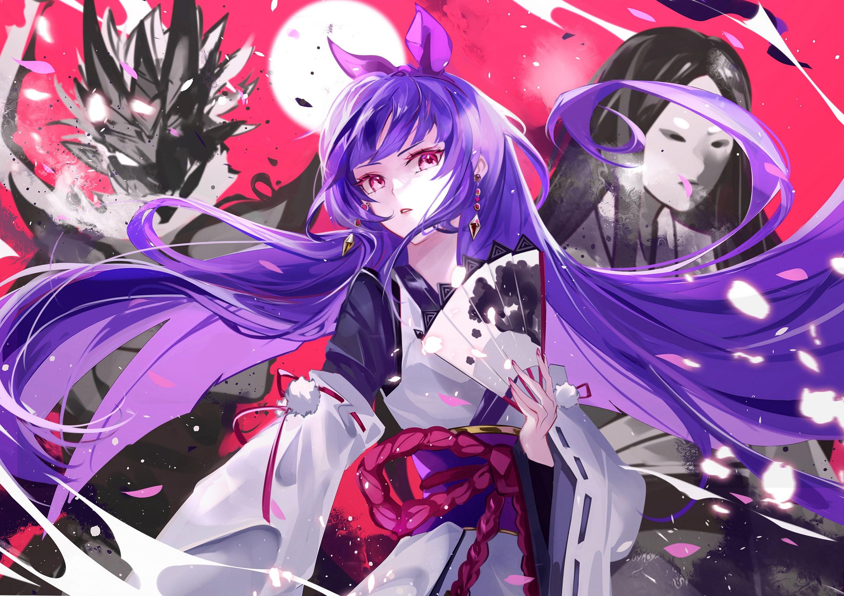 Artwork of a girl in Japanese clothes with purple hair HD Wallpaper