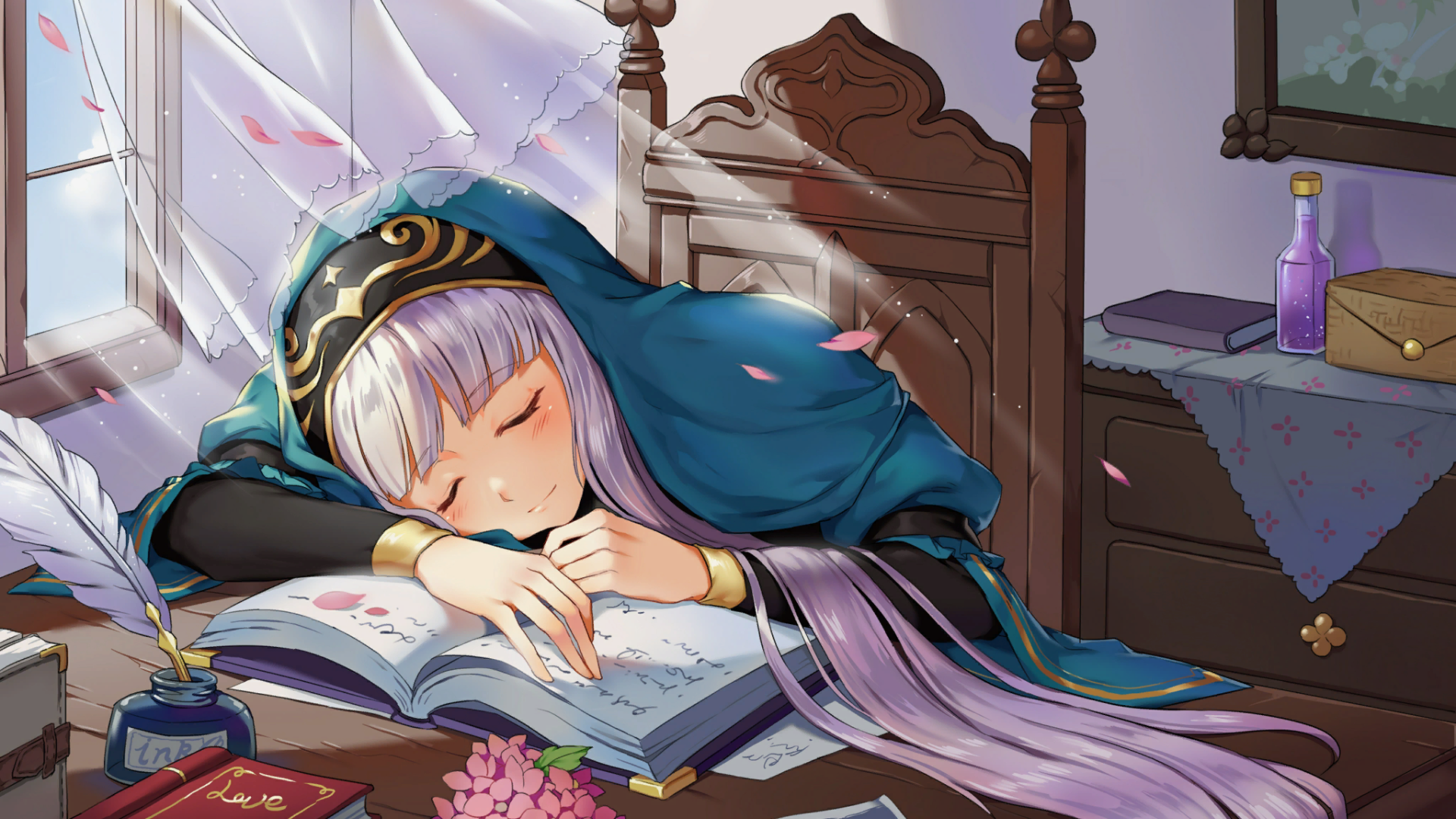 Girl sleeping on a book with a quill and ink HD Wallpaper