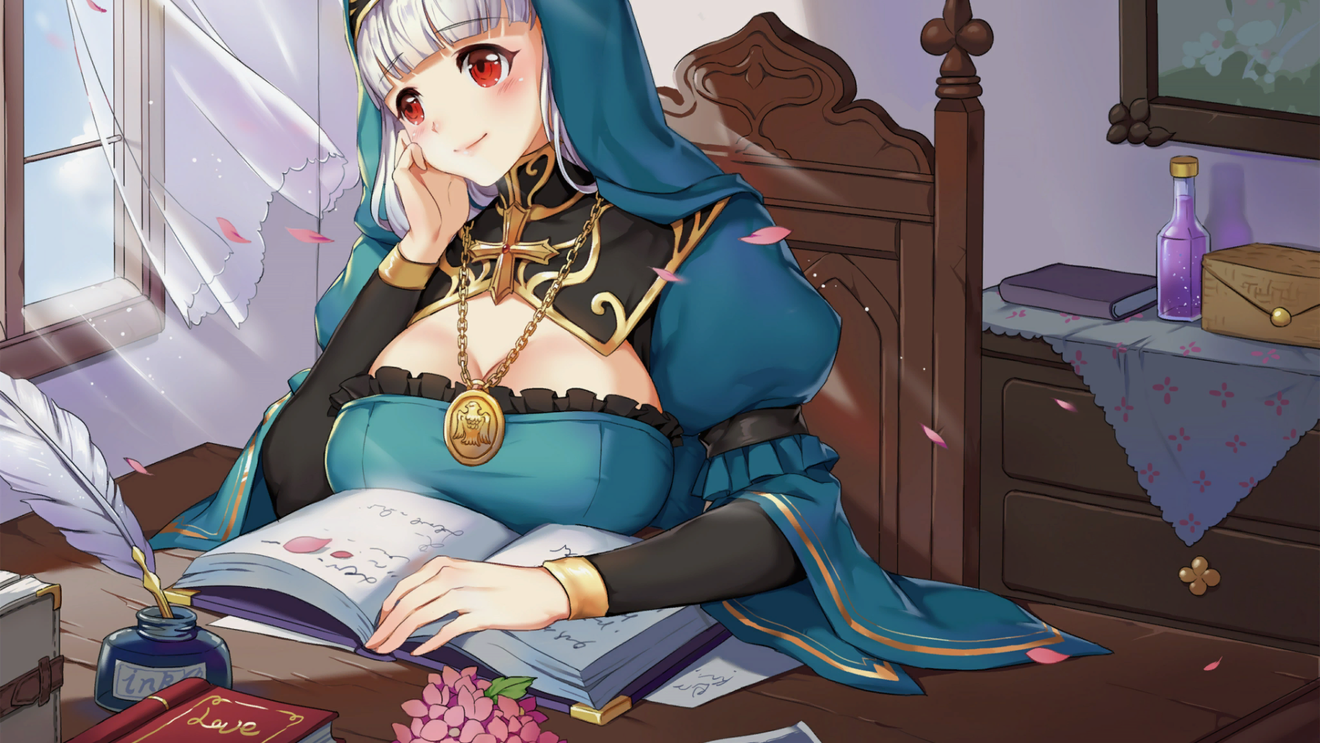 Girl writing in a book with a quill and ink HD Wallpaper
