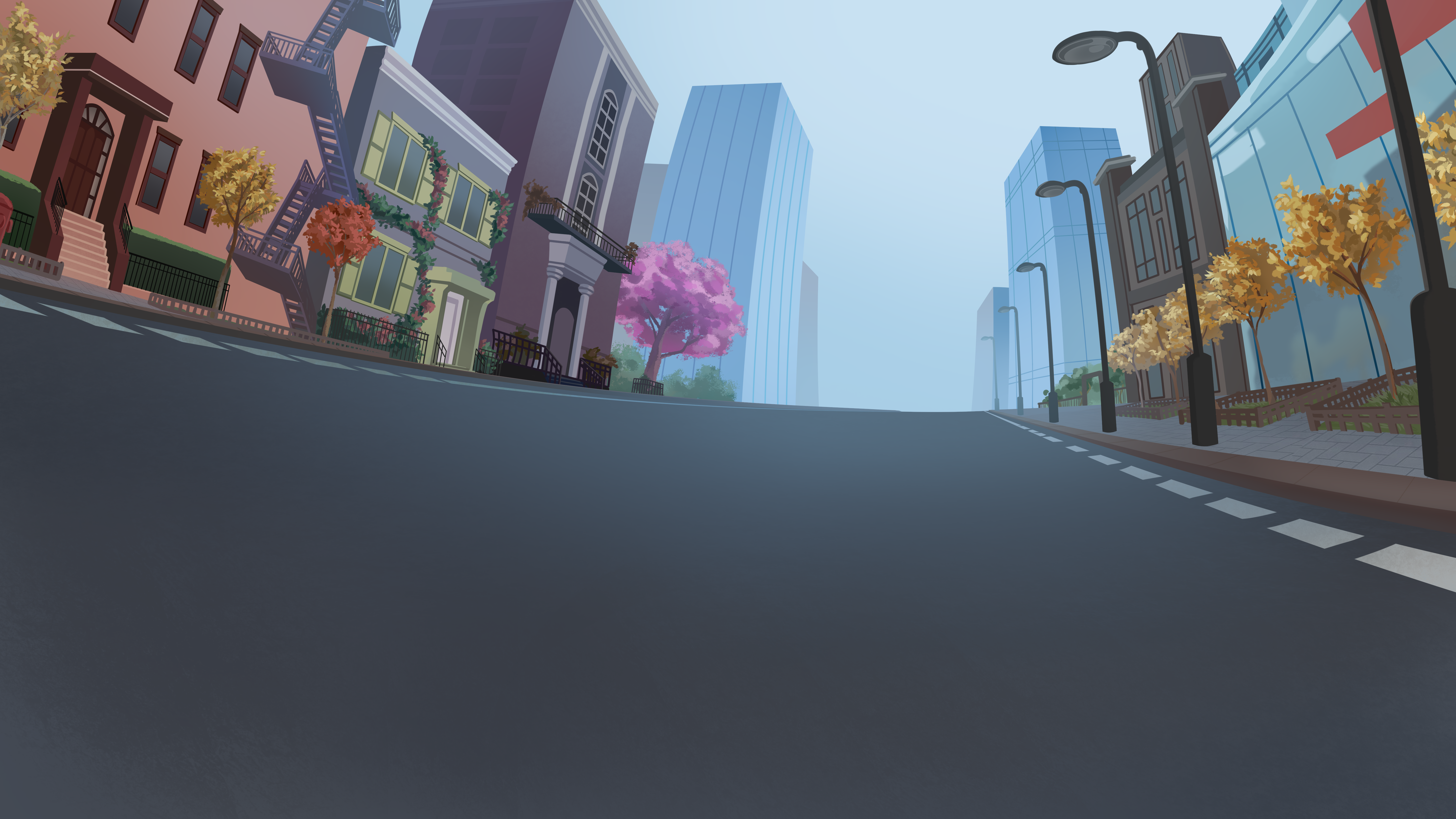 4K street view of a city with buildings and trees HD Wallpaper