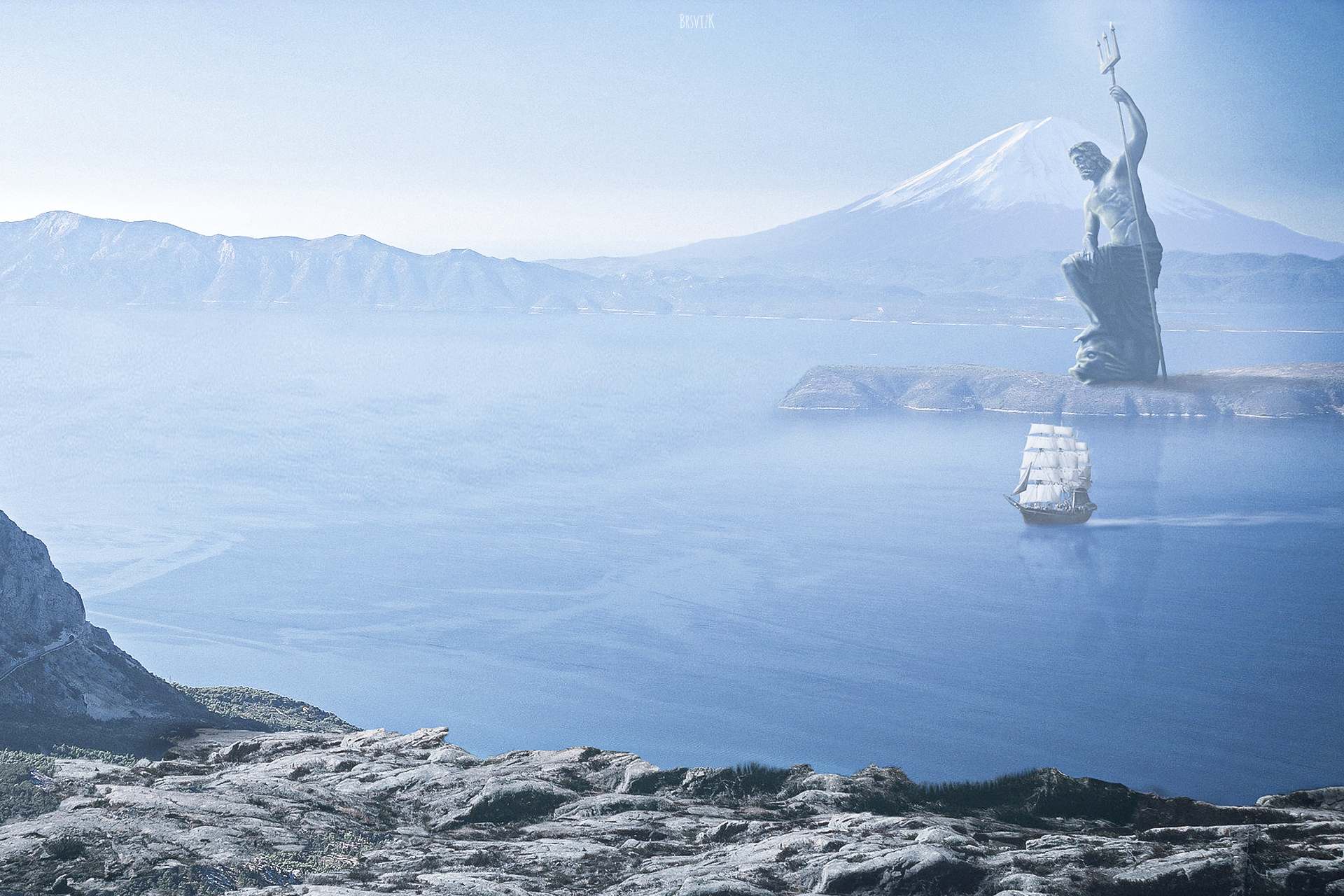 Poseidon statue overlooking a sea with a sailing ship and mountains HD Wallpaper