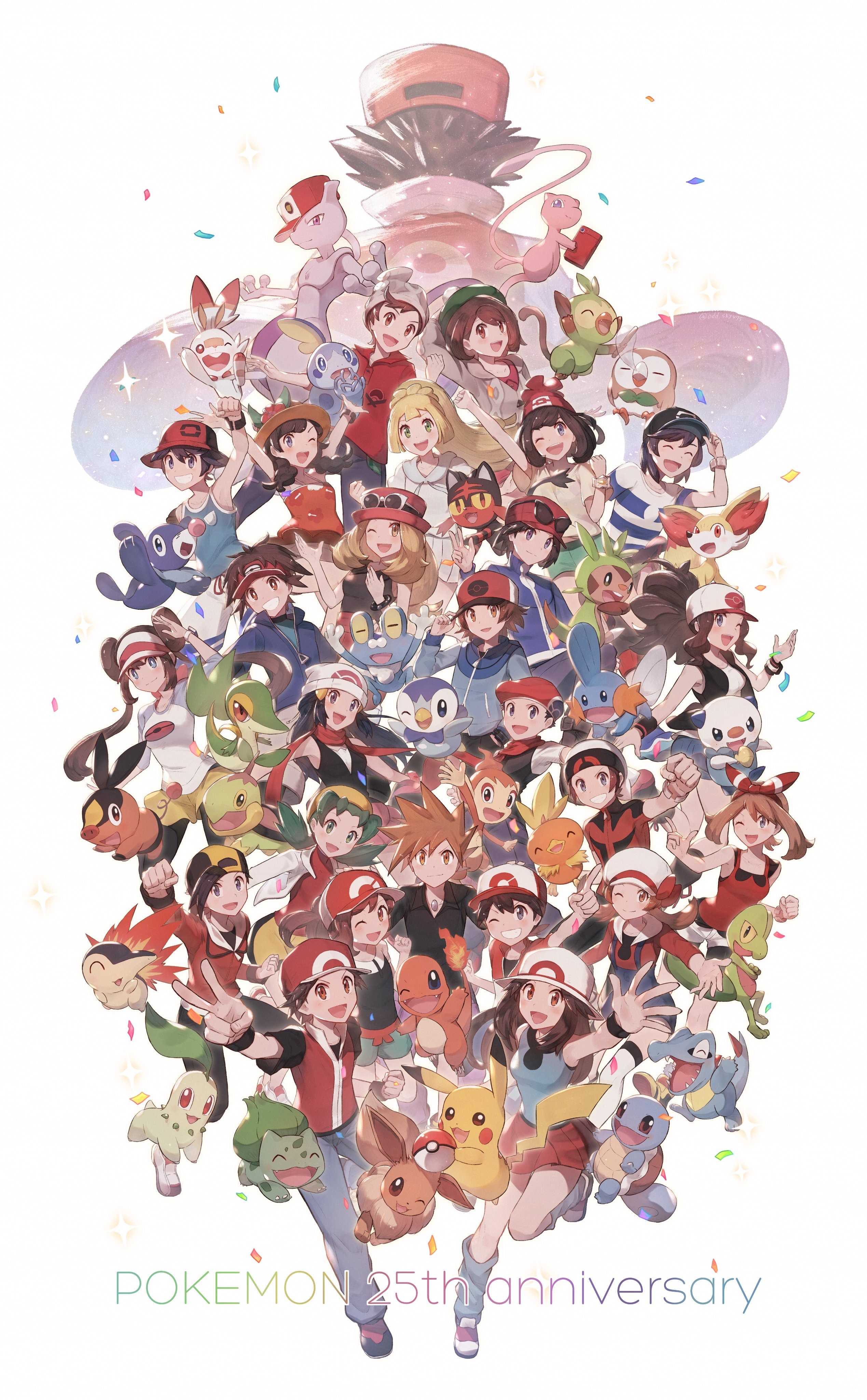 Pokemon 25th Anniversary Illustration with Characters and Pokemon HD Phone Wallpaper