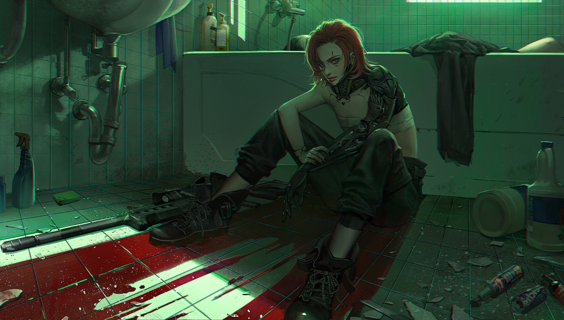 Cyberpunk character in a bloody bathroom HD Wallpaper