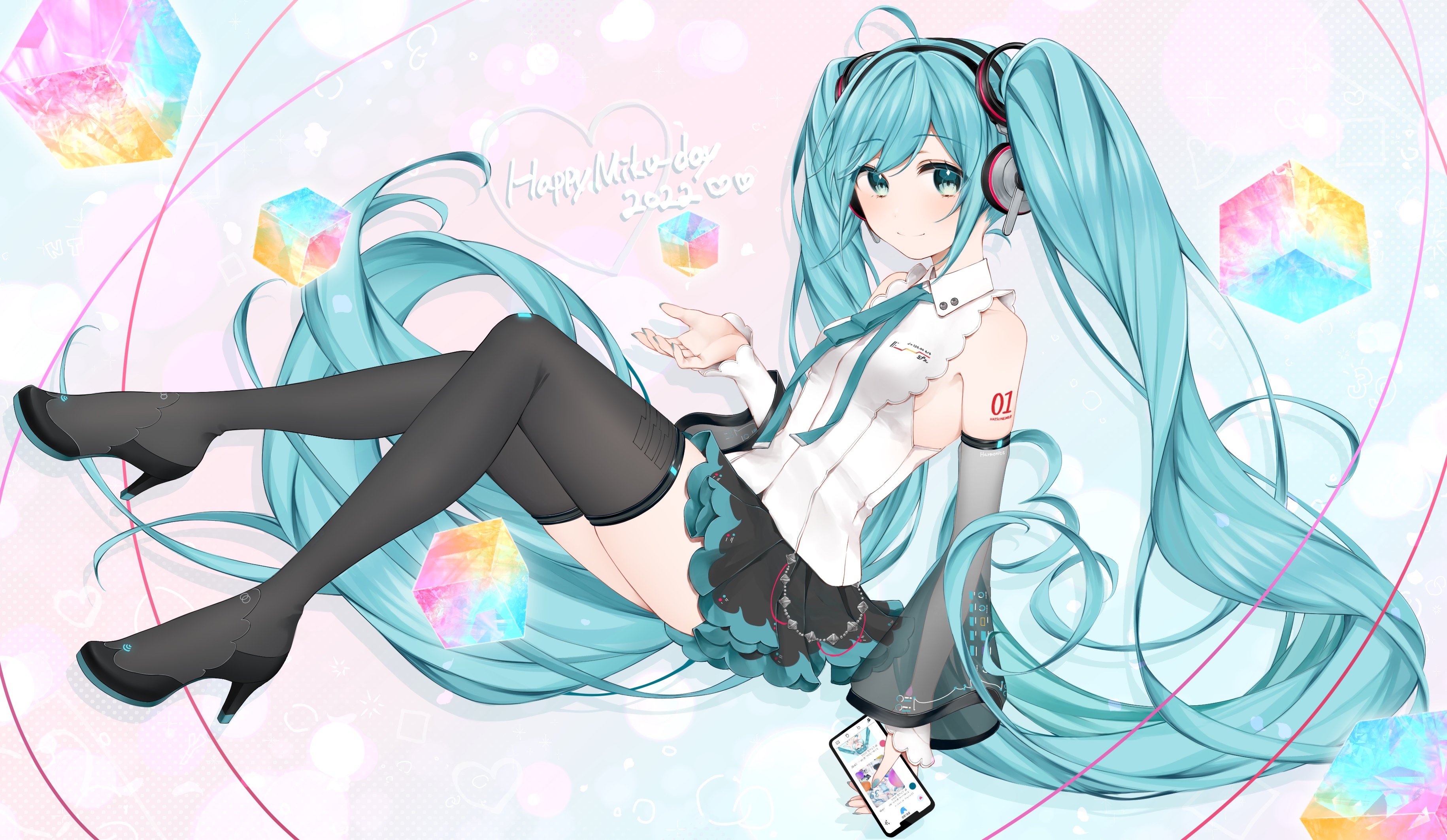 Hatsune Miku with Colorful Cubes and Smartphone HD Wallpaper