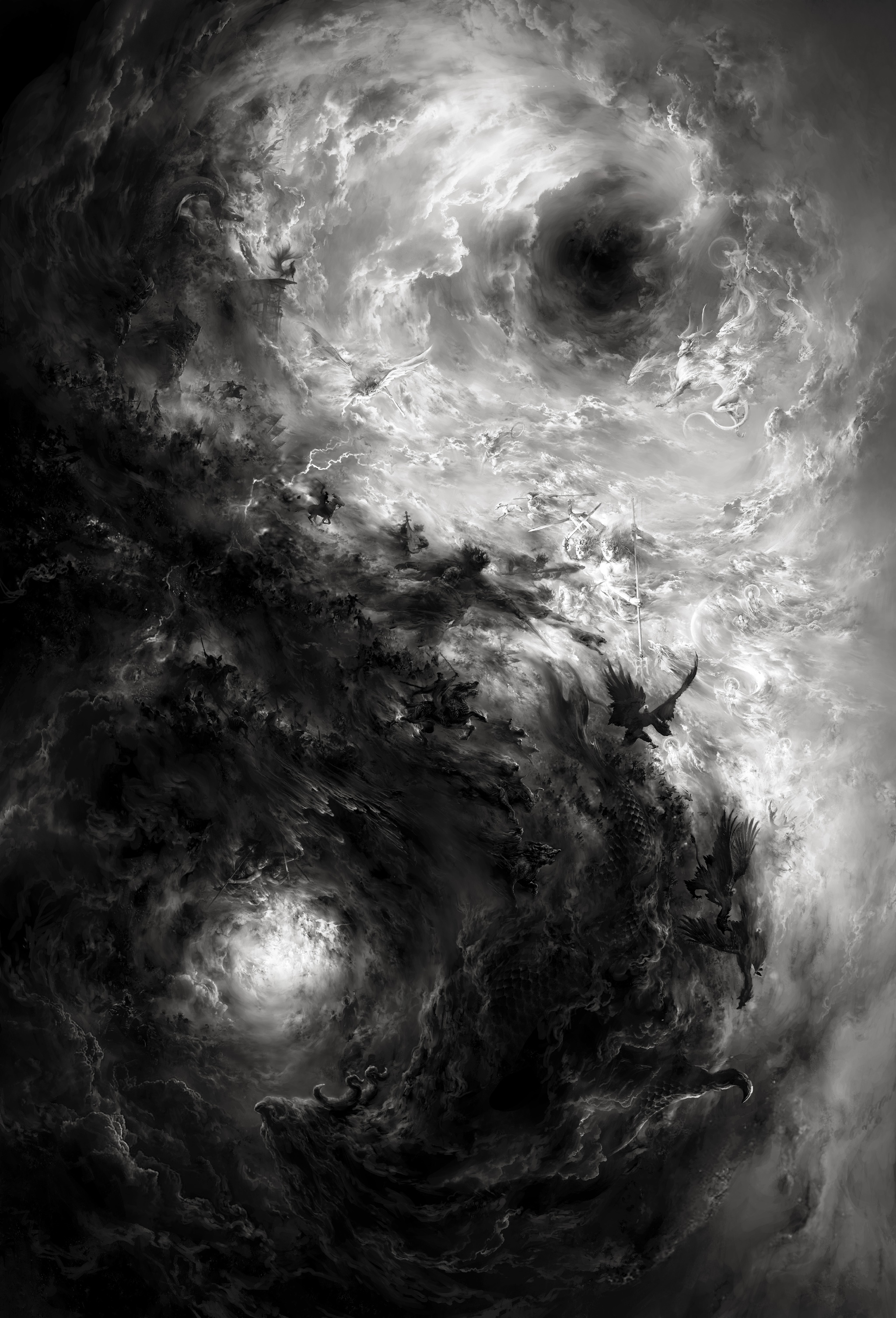 Yin and Yang monochrome storm with dragons HD Phone Wallpaper