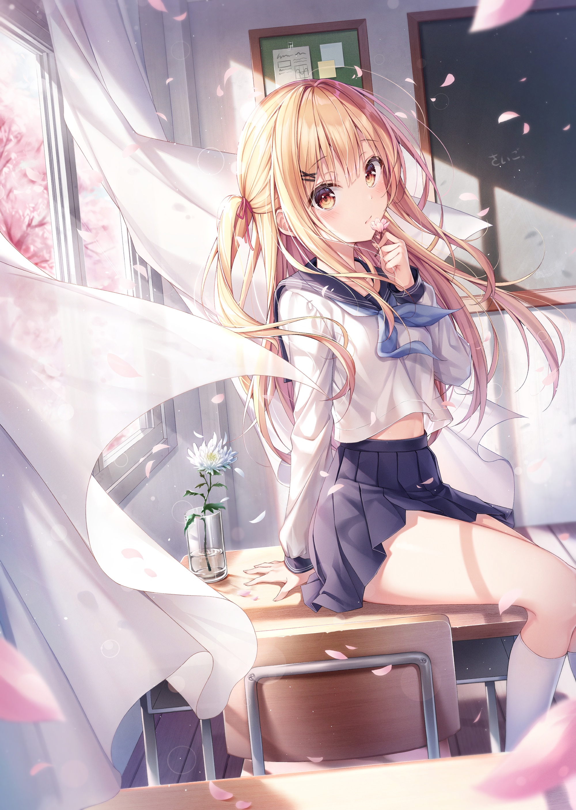 Anime girl in school uniform in a classroom HD Phone Wallpaper