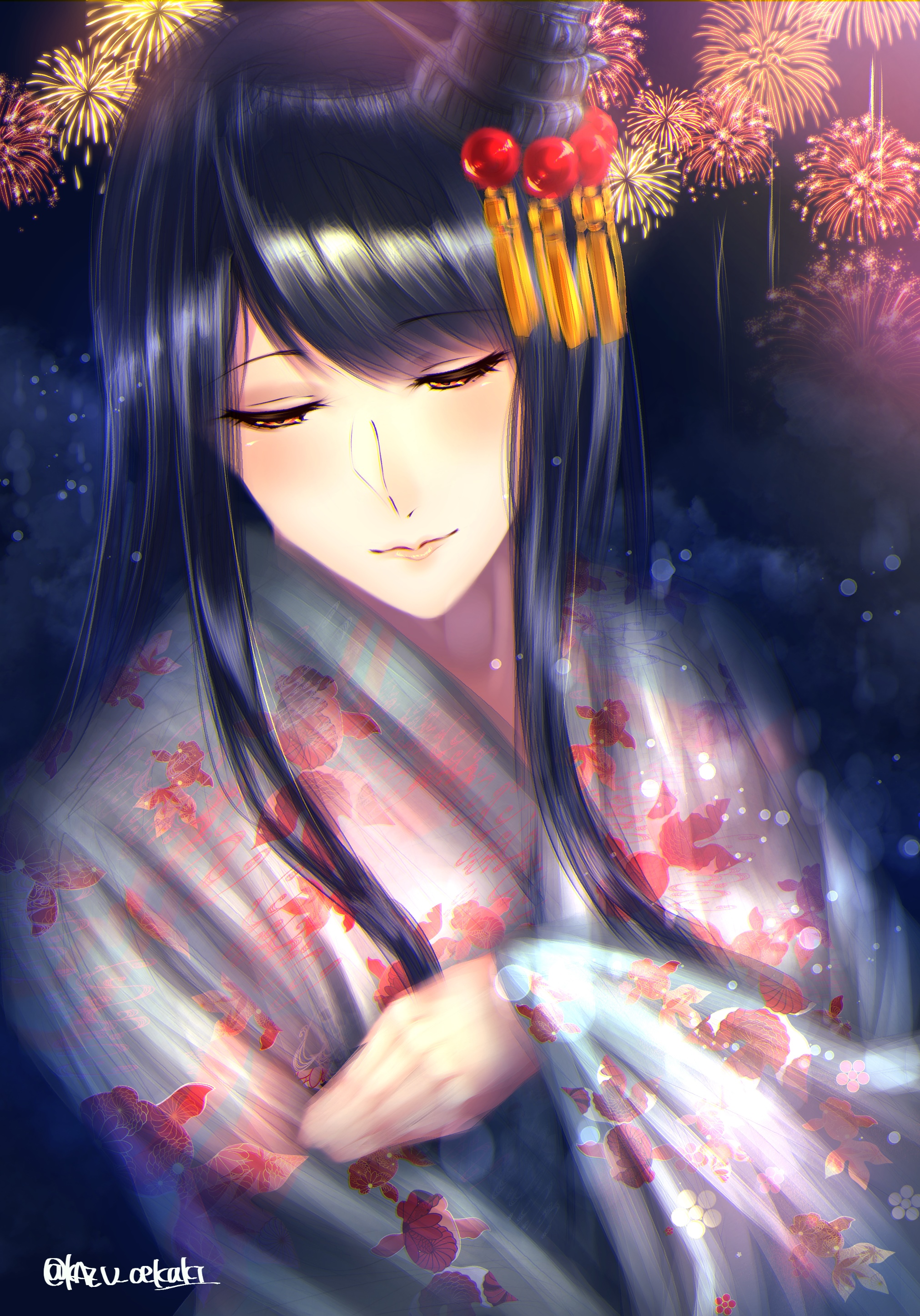 Fusou in a Kimono with Fireworks HD Phone Wallpaper
