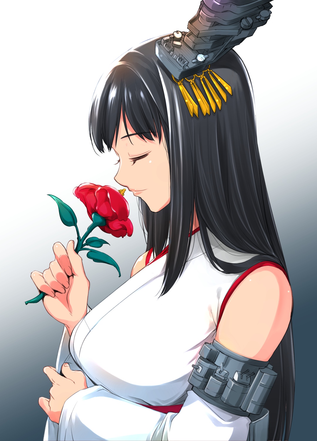 Kantai Collection fan art of Fusou smelling a red rose HD Phone Wallpaper