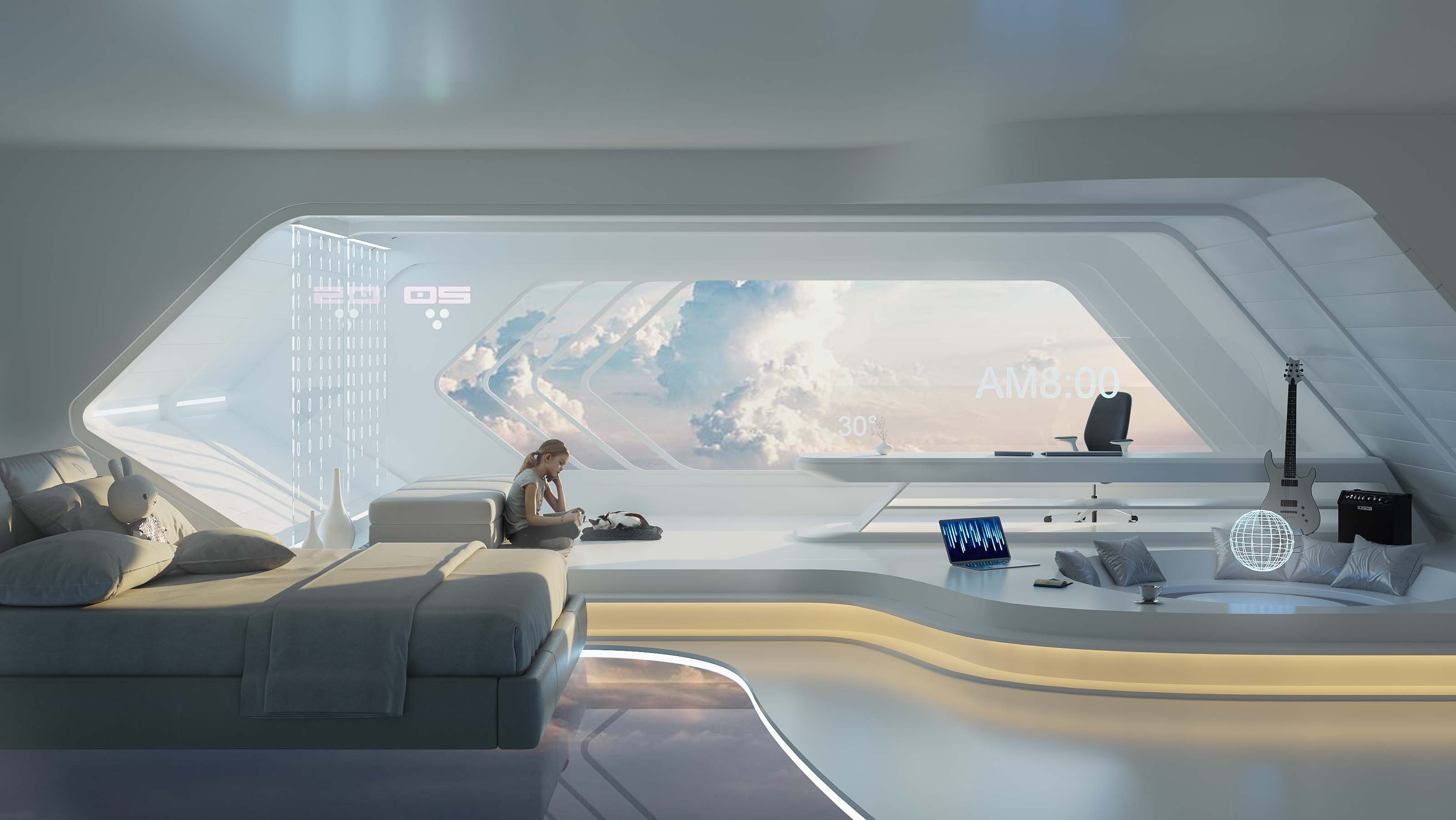 Futuristic bedroom with a girl and a large window HD Wallpaper