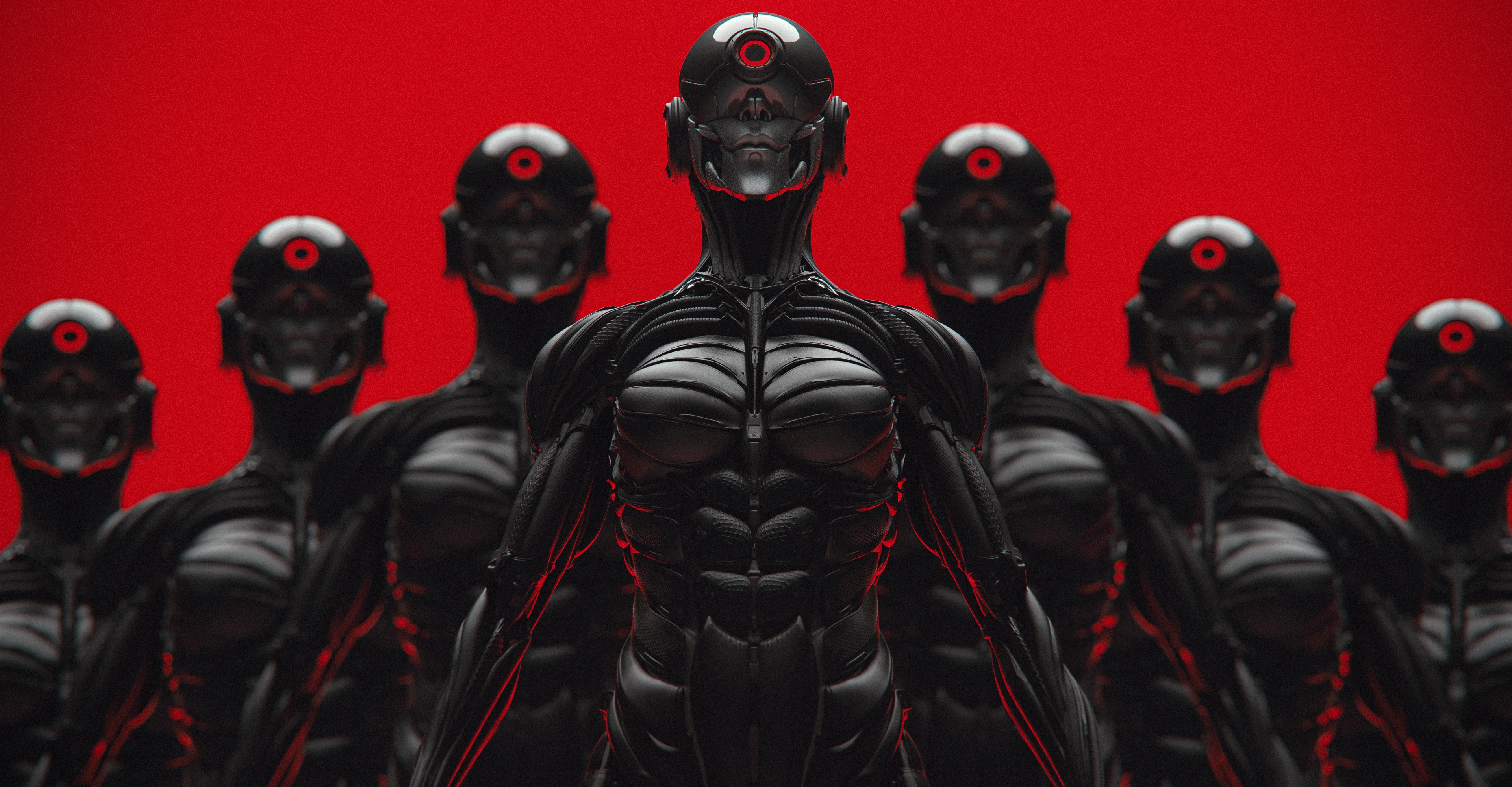 Cyberpunk cyborgs with red eyes on a red background HD Wallpaper