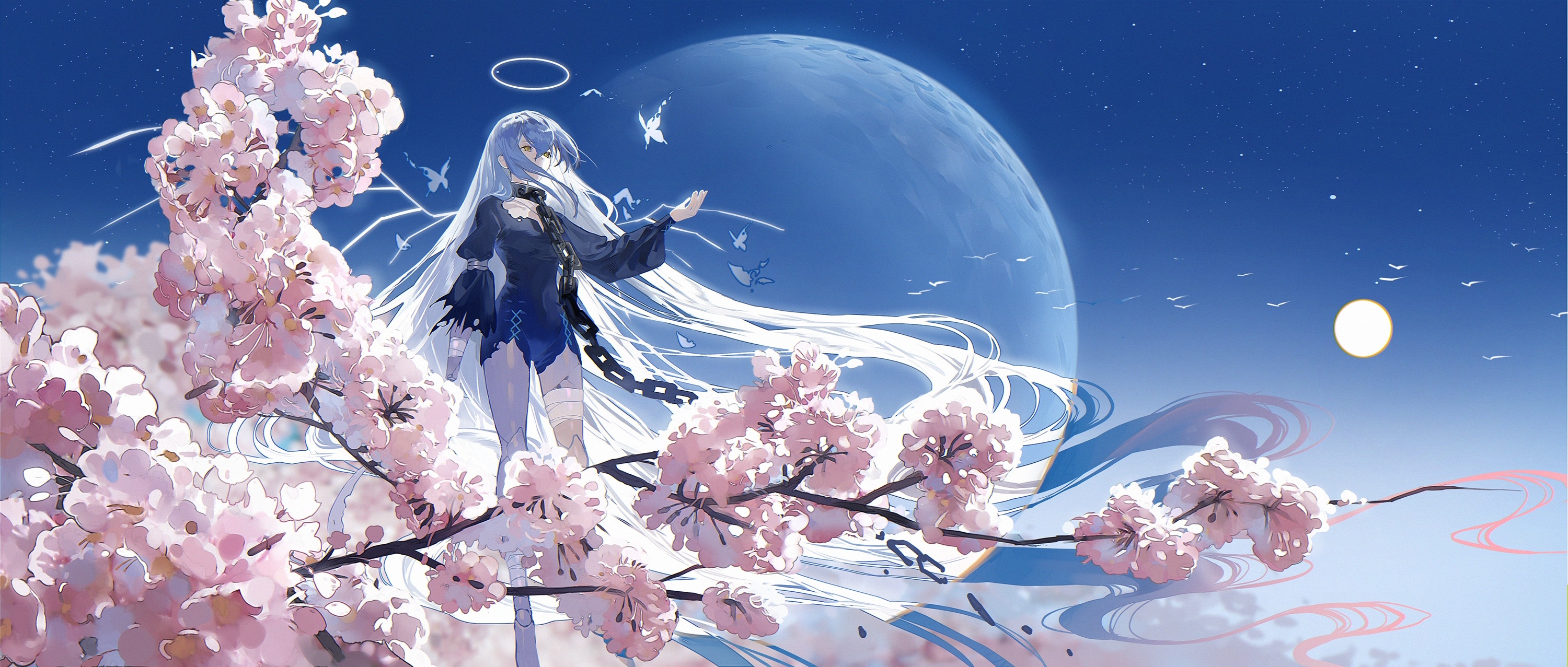 KuroEri with chains and cherry blossoms under a large moon HD Wallpaper