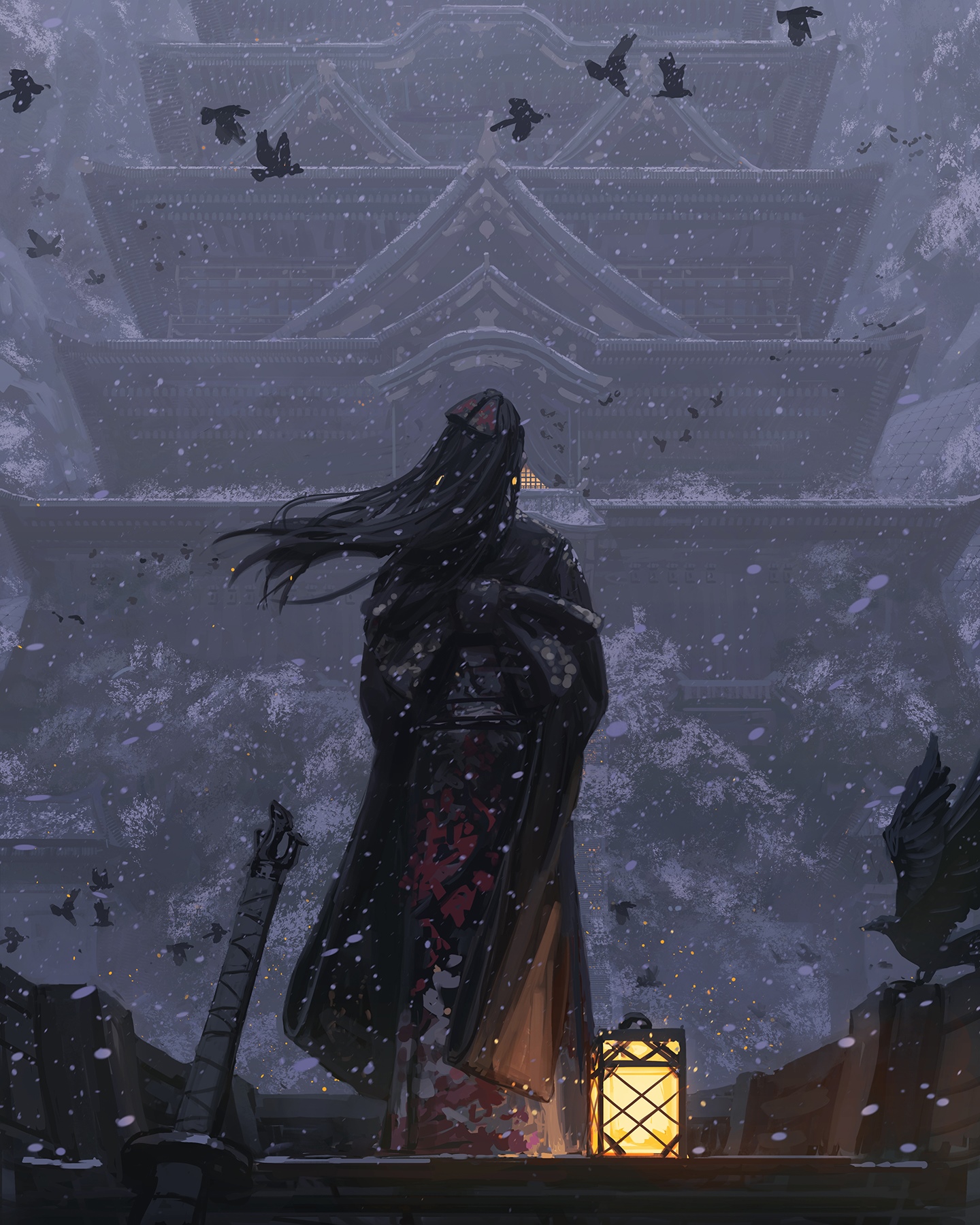 Samurai in snow with katana and lantern HD Phone Wallpaper