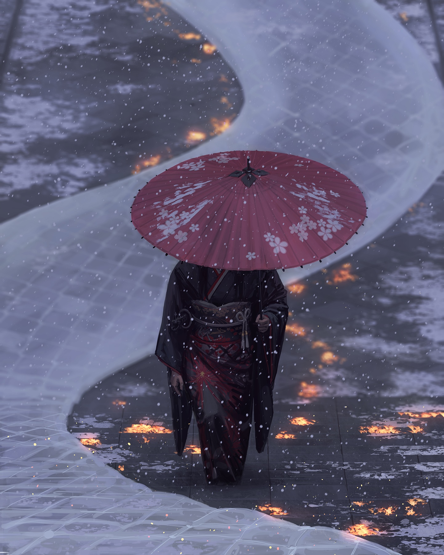 Woman in Kimono with Red Umbrella in Snow HD Phone Wallpaper