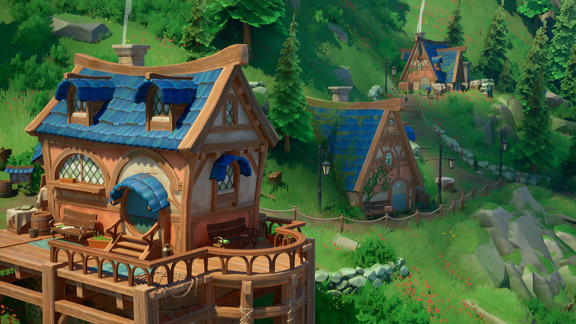 Fantasy village with houses on a hillside HD Wallpaper