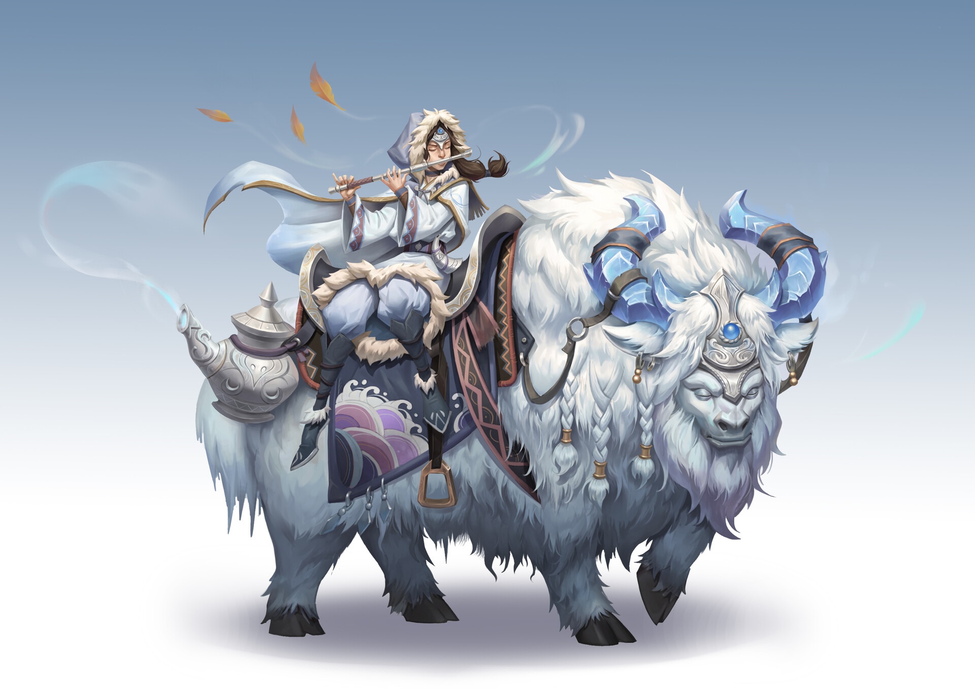 Fantasy girl playing flute on a white yak HD Wallpaper