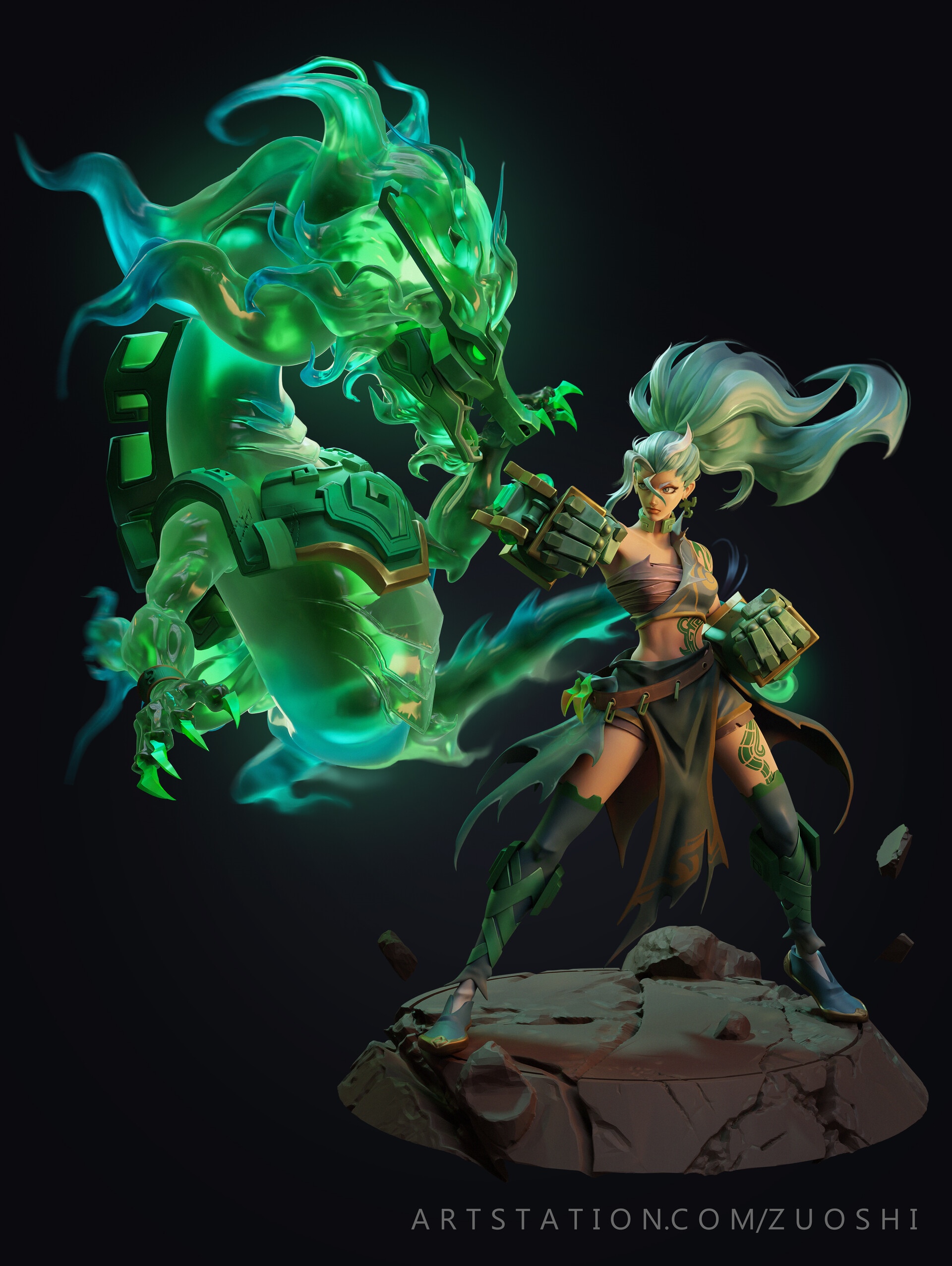 Siying Zhao and a green dragon spirit HD Phone Wallpaper